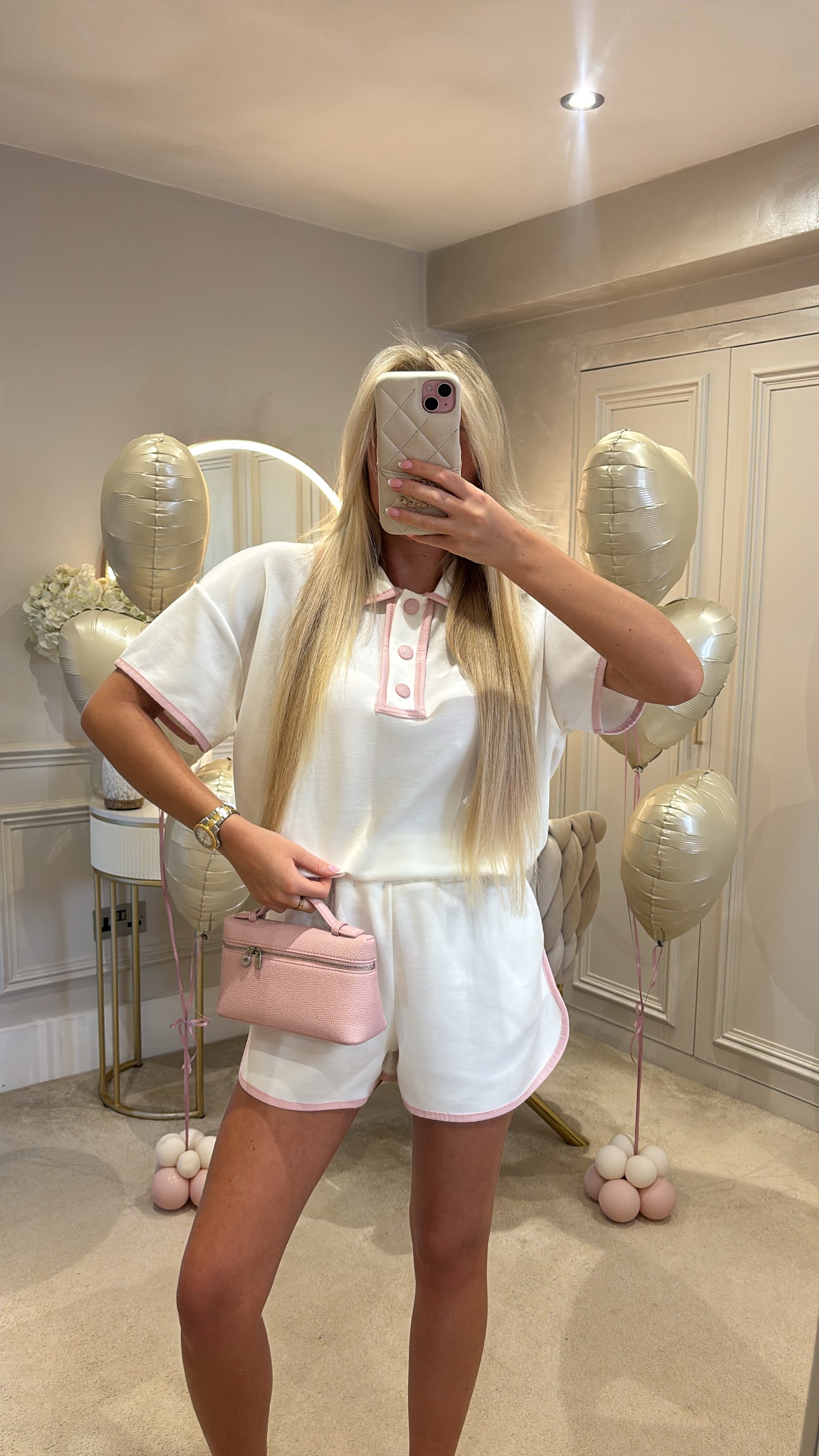 Button pink trim short set