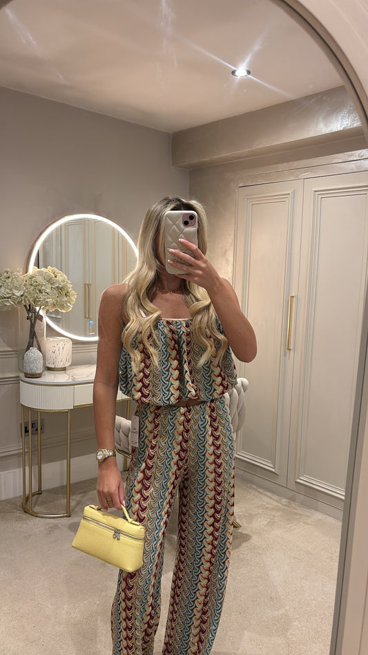 Pattern puff ball top trousers co-ord