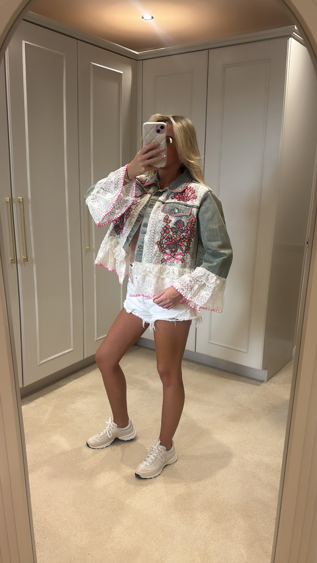 Beaded frill denim jacket ￼