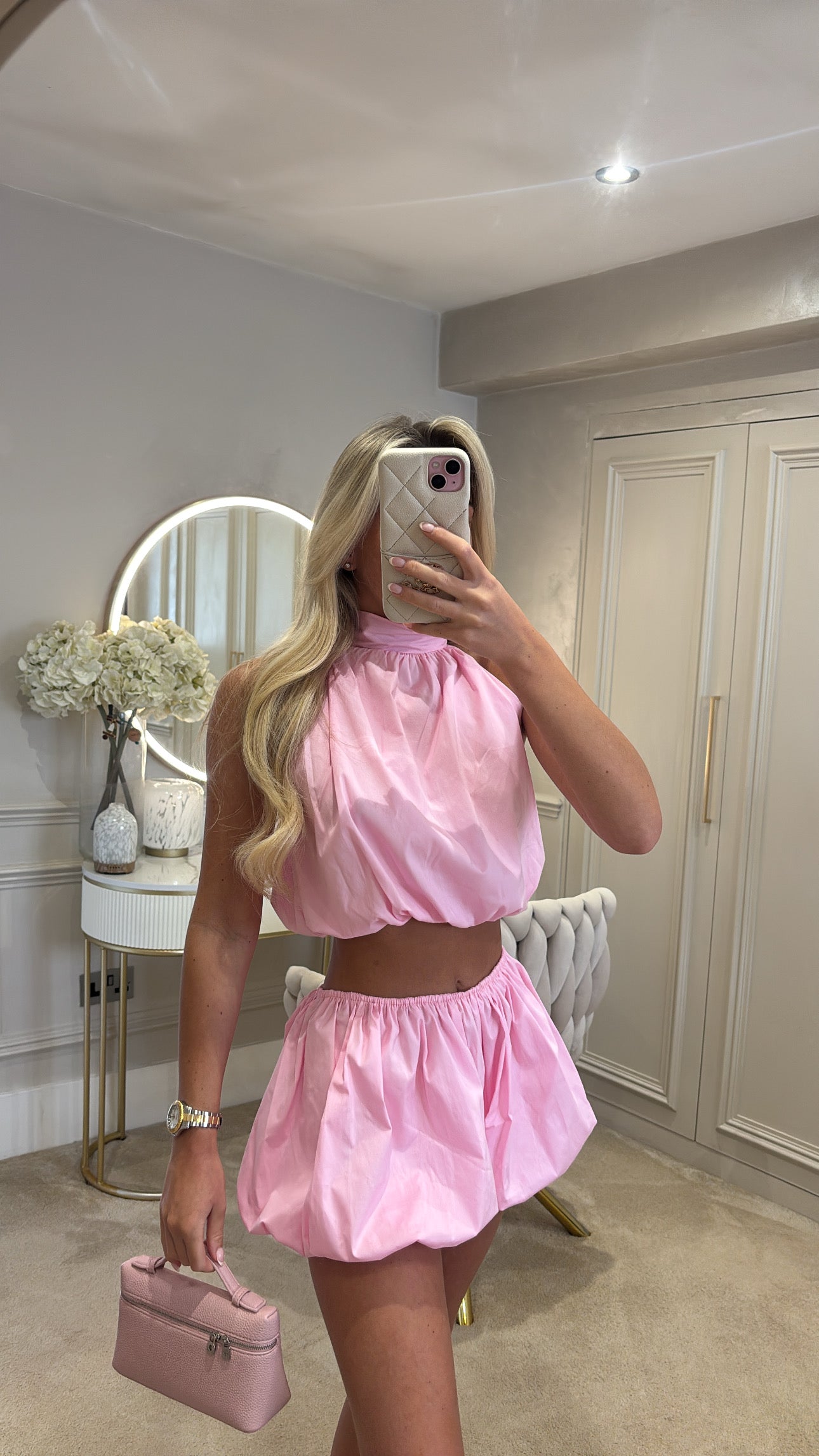Halter neck puff ball short co-ord