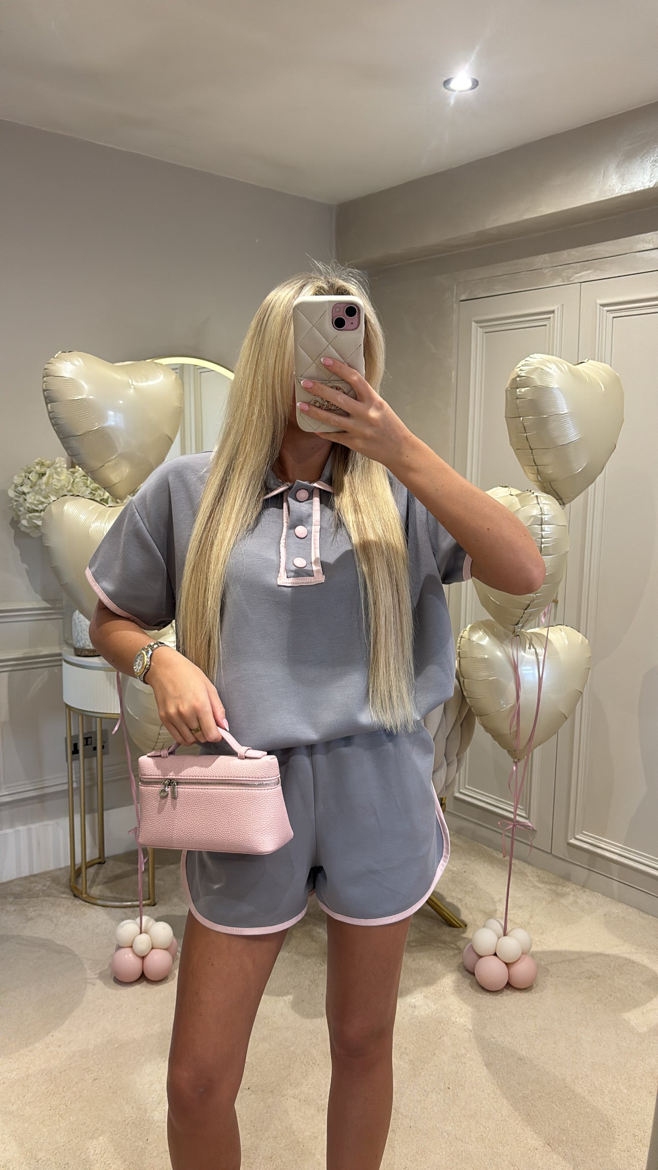 Button pink trim short set