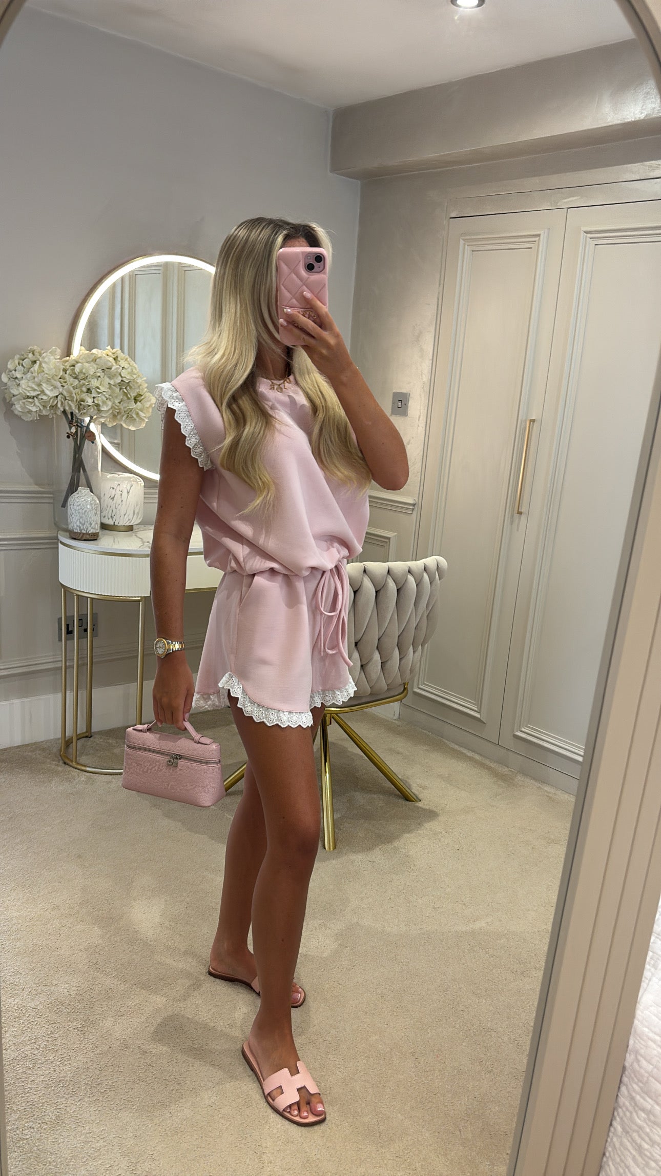 Embroidered white trim short set