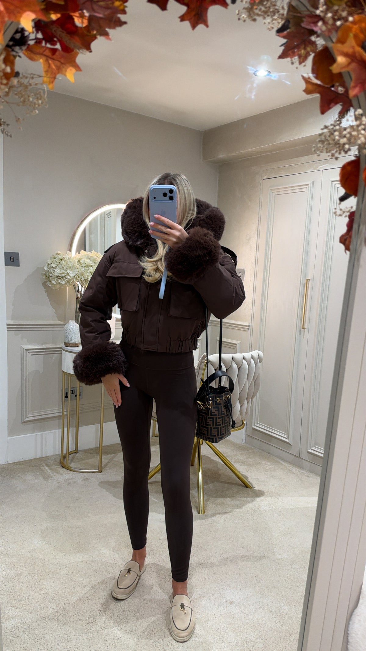 Fur cuff cropped puffer coat