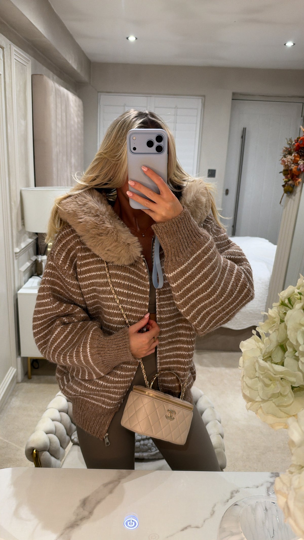 Knit stripe fur cardigan