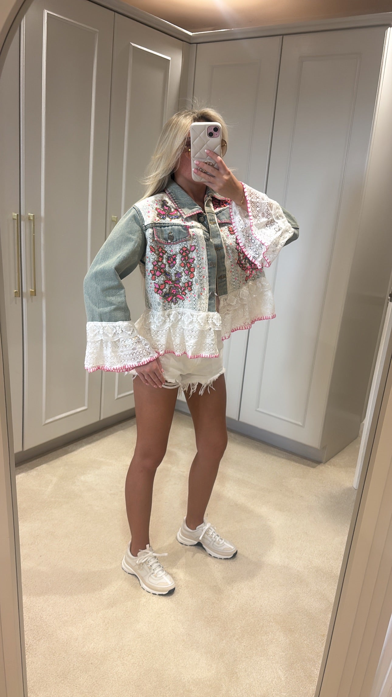 Beaded frill denim jacket ￼