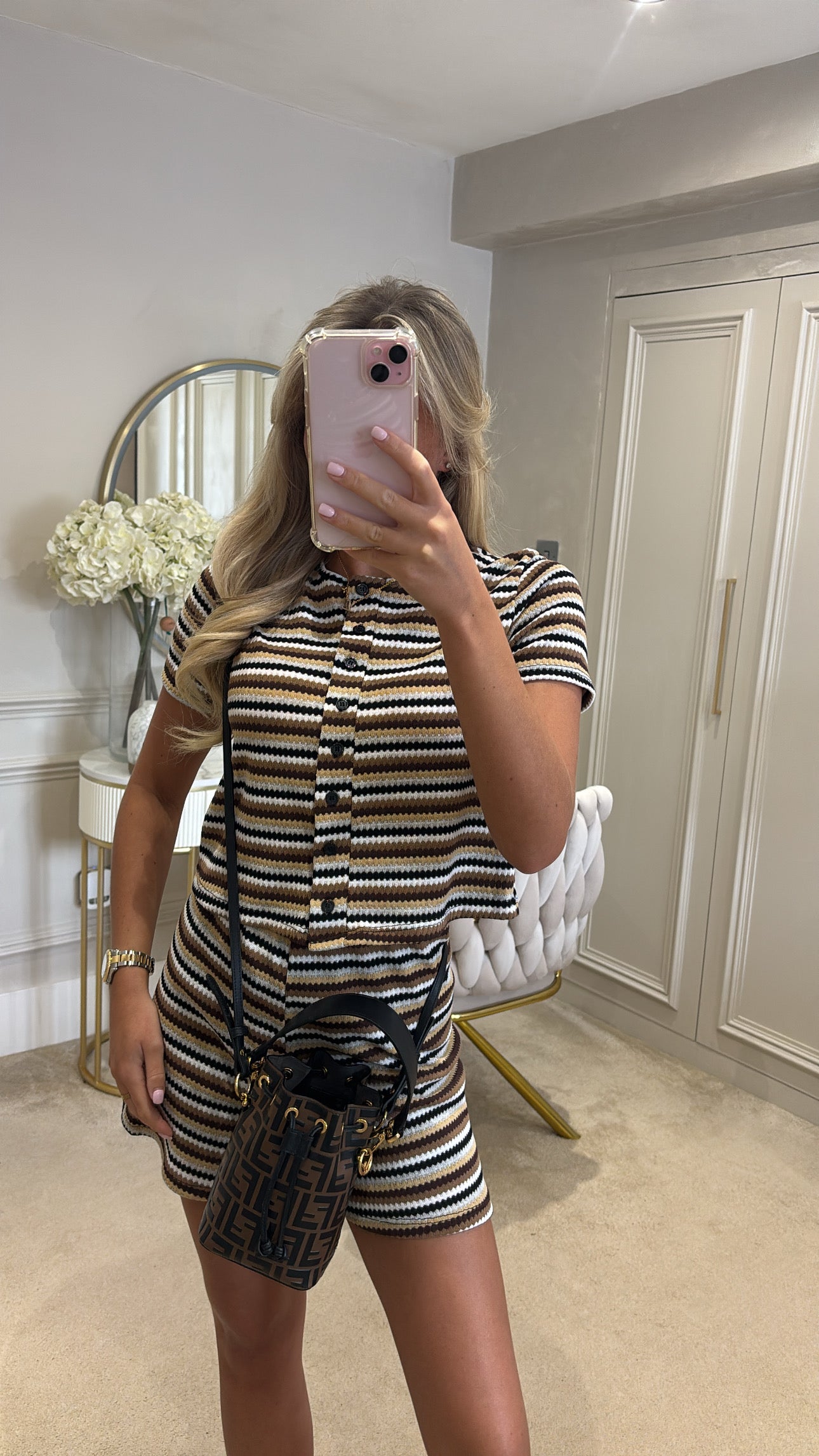 Stripe button up short set