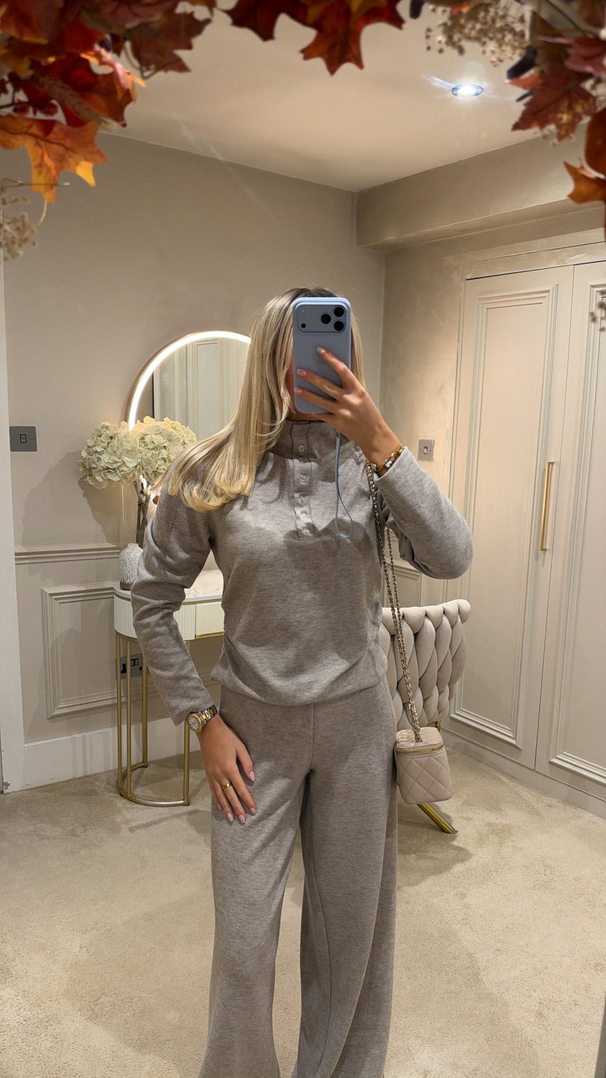 High neck button flared lounge set