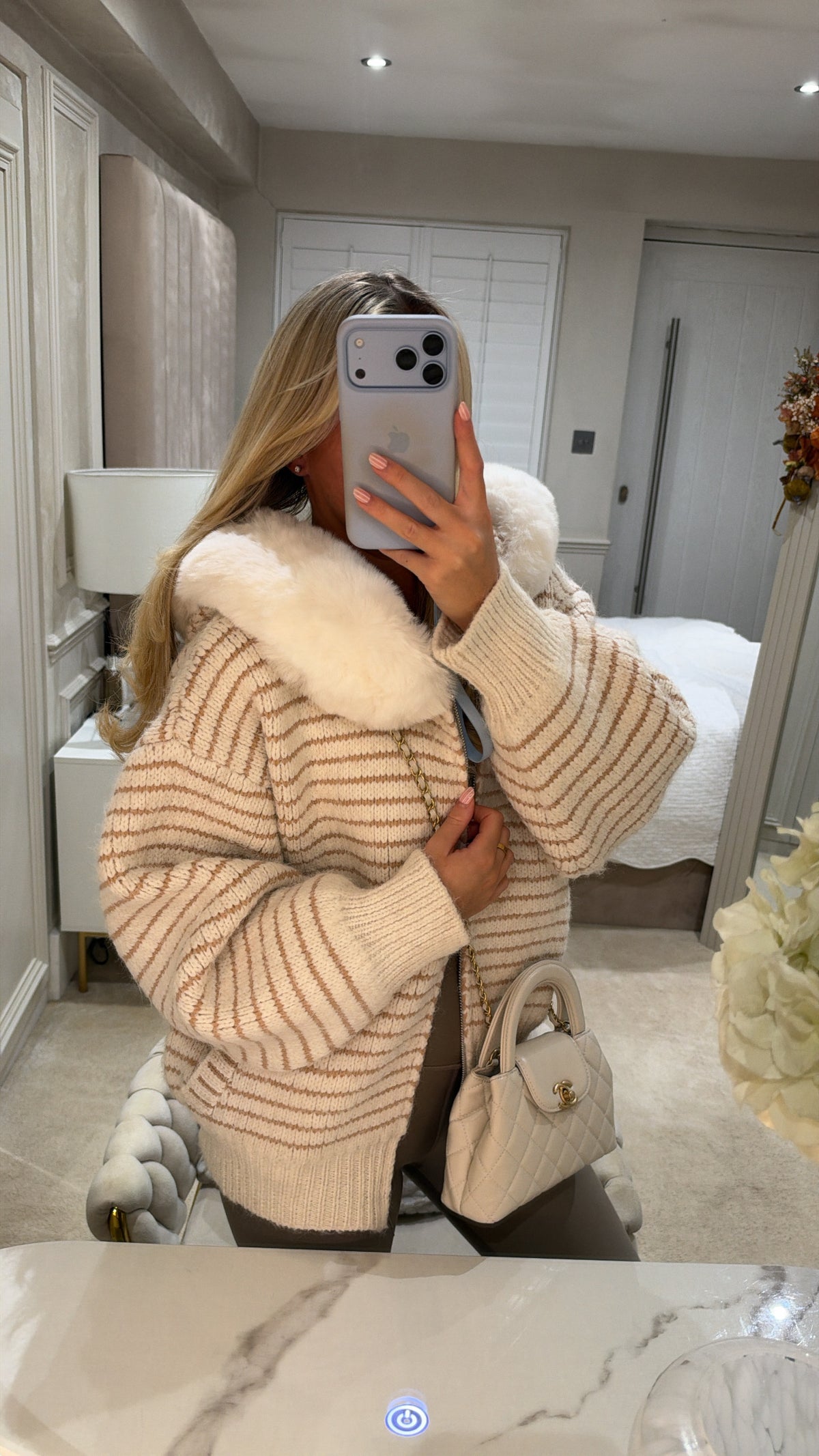 Knit stripe fur cardigan