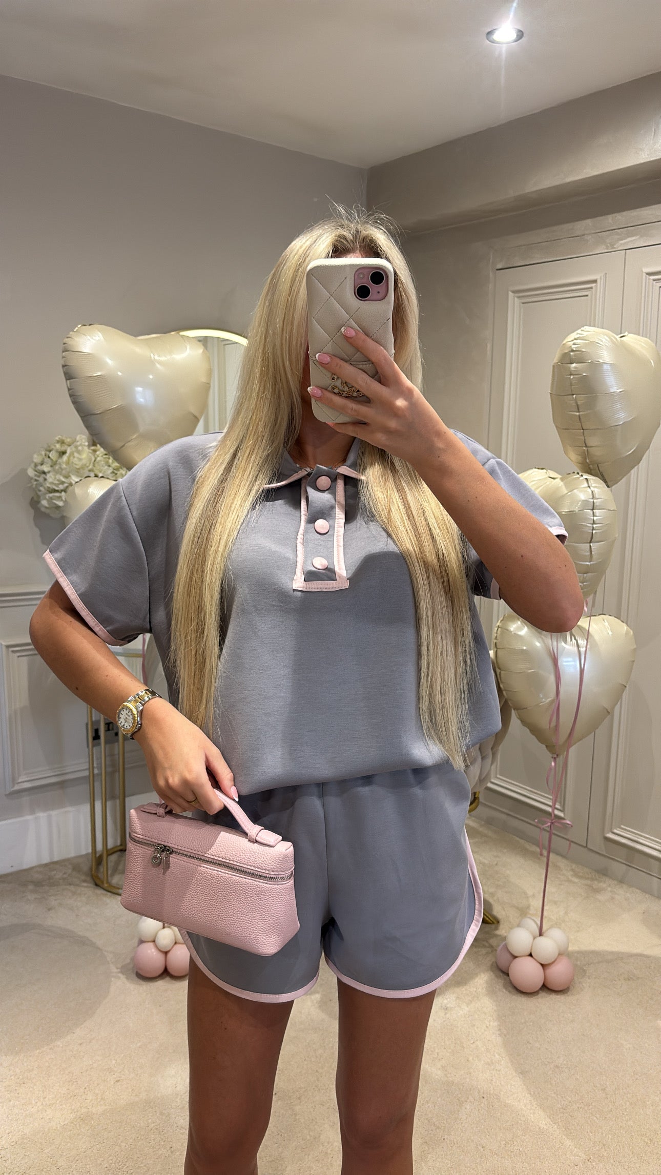 Button pink trim short set