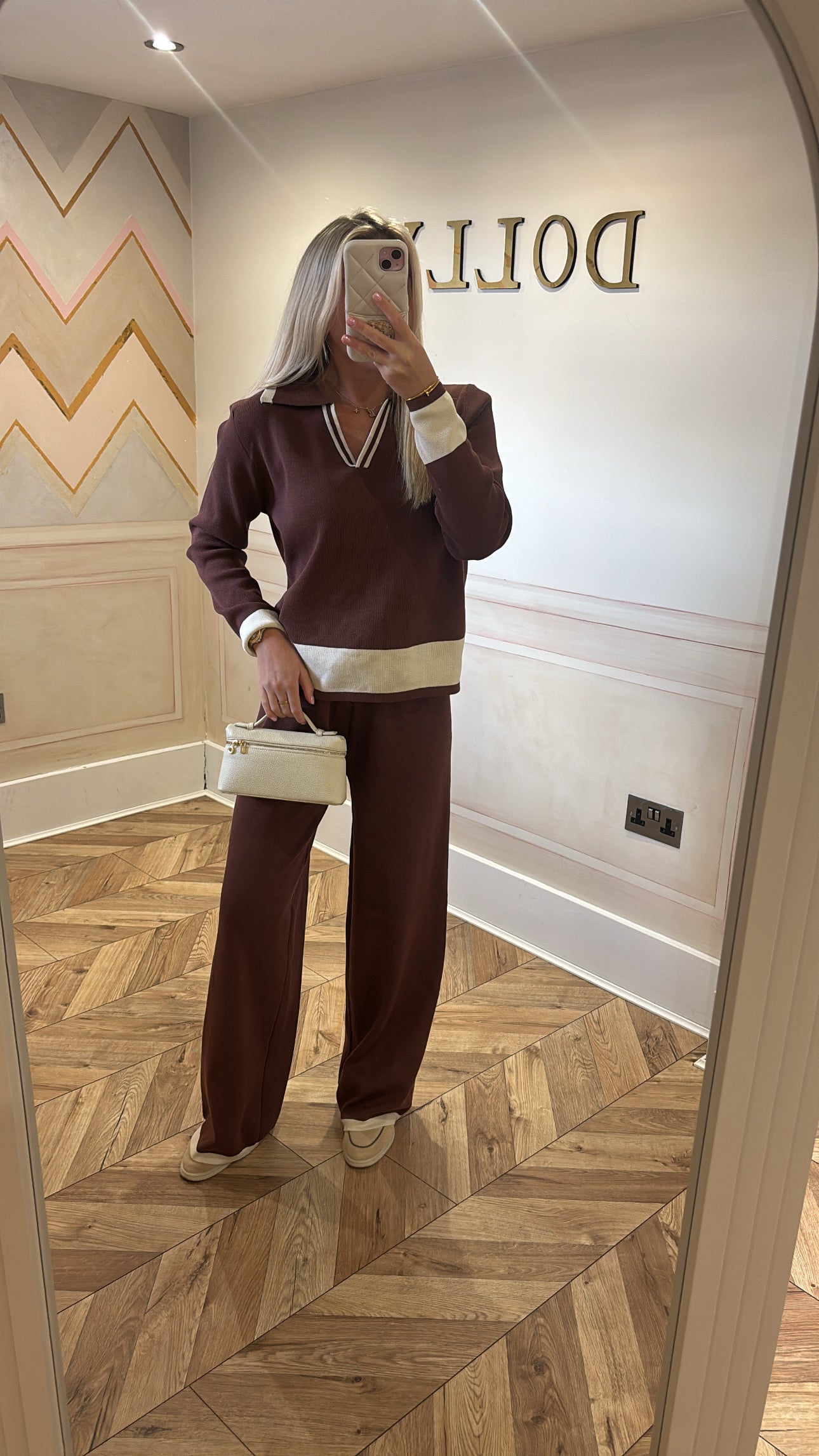 Stripe collar flared lounge set