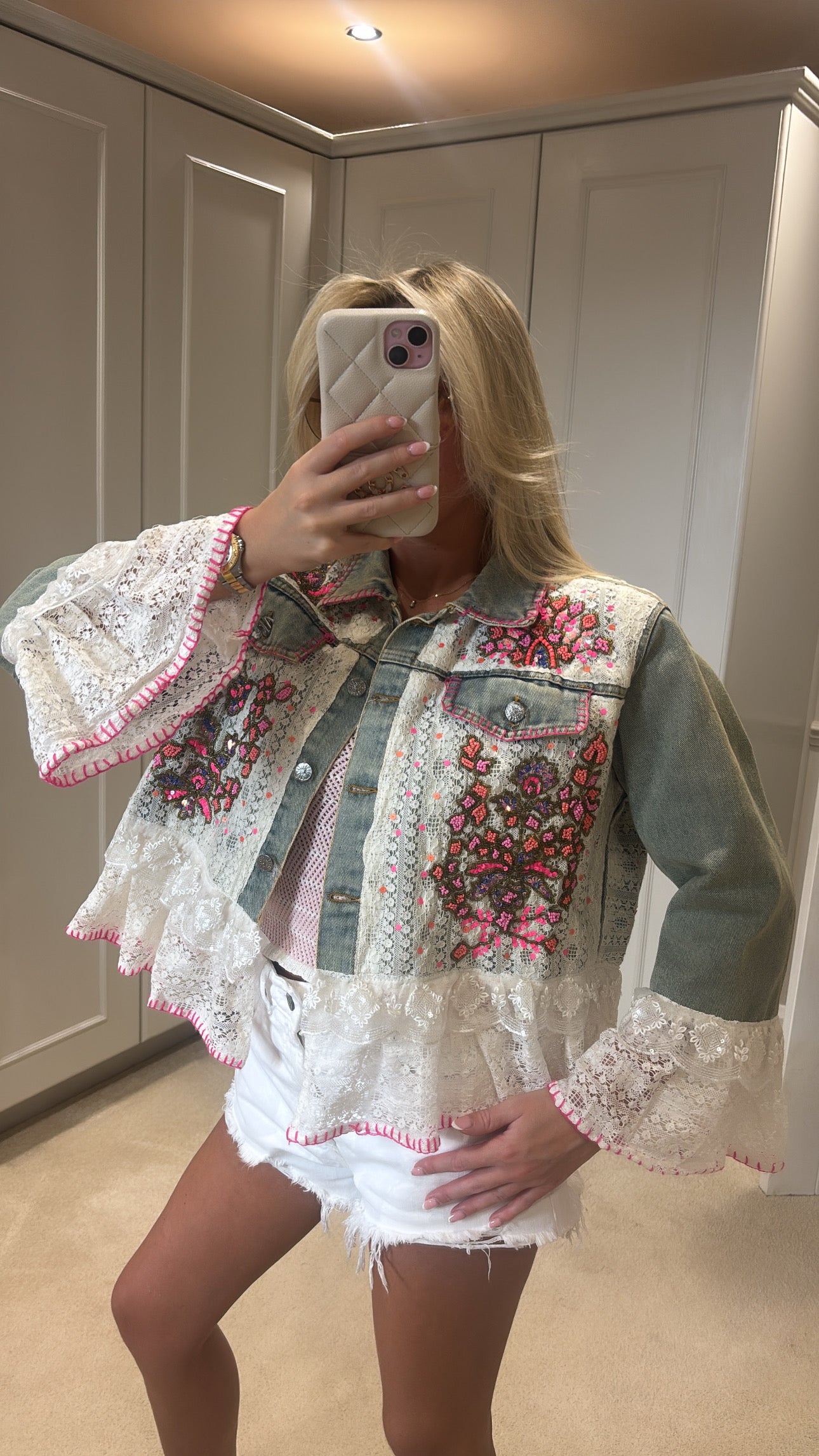 Beaded frill denim jacket ￼