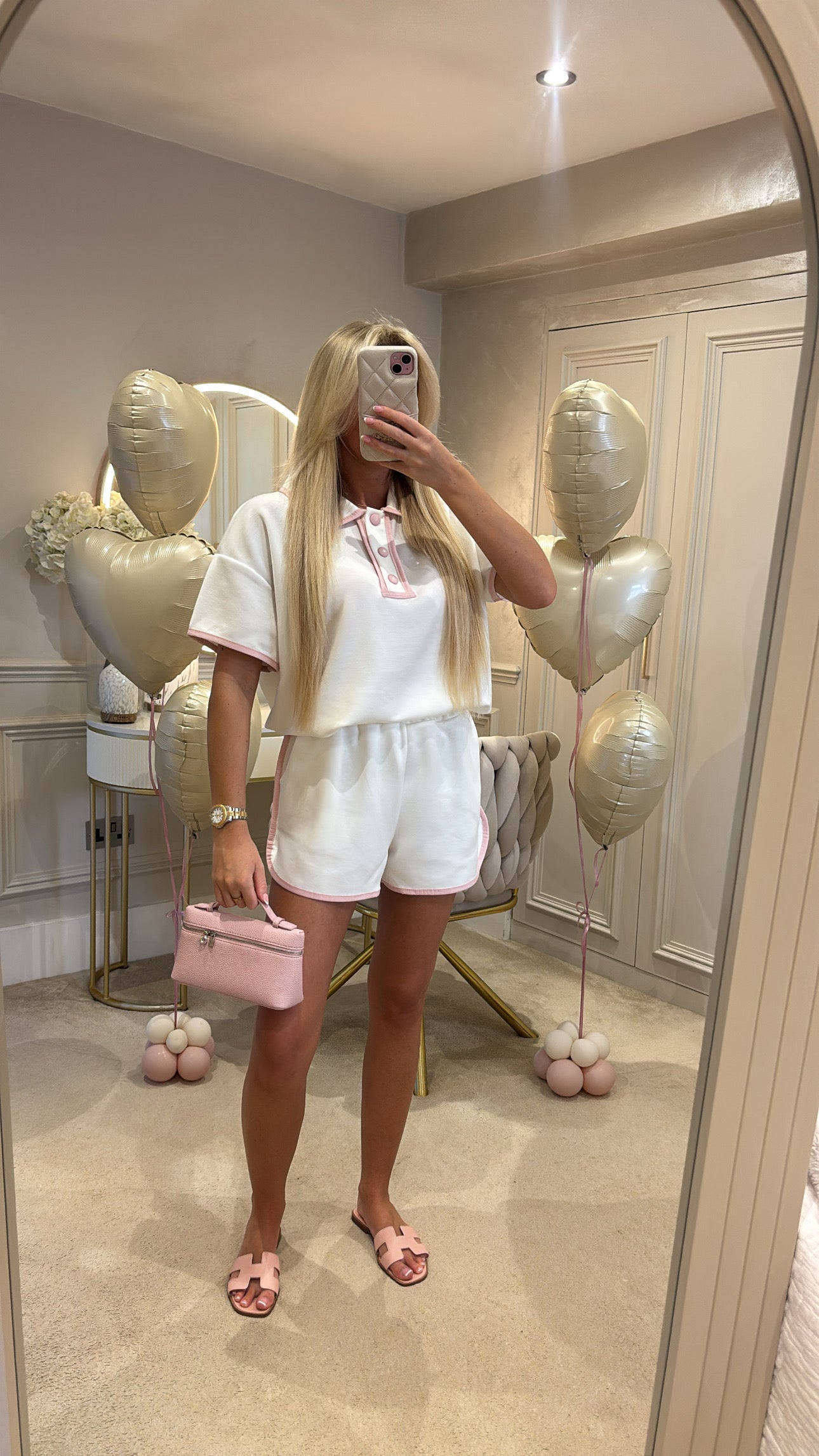 Button pink trim short set
