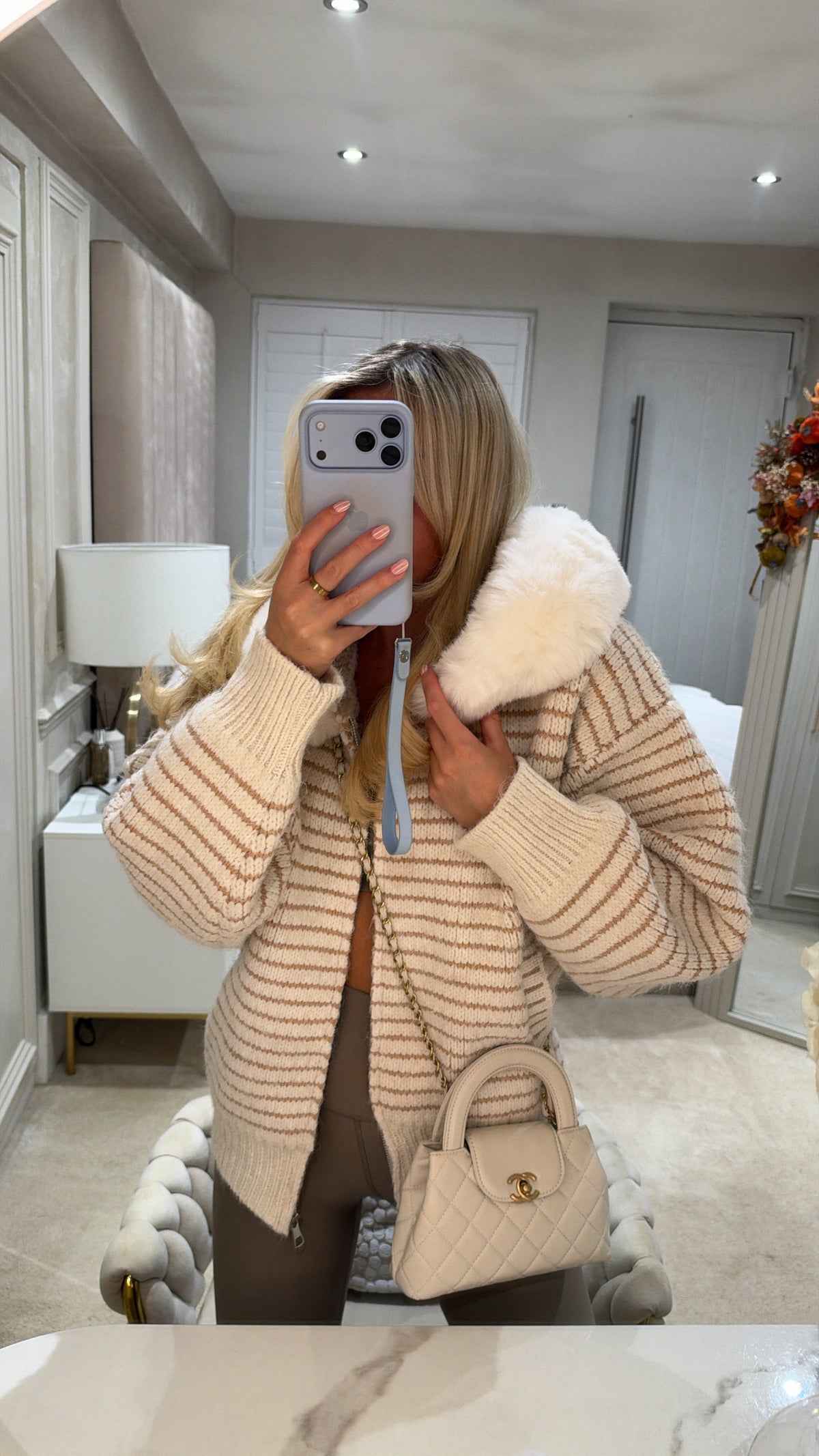 Knit stripe fur cardigan