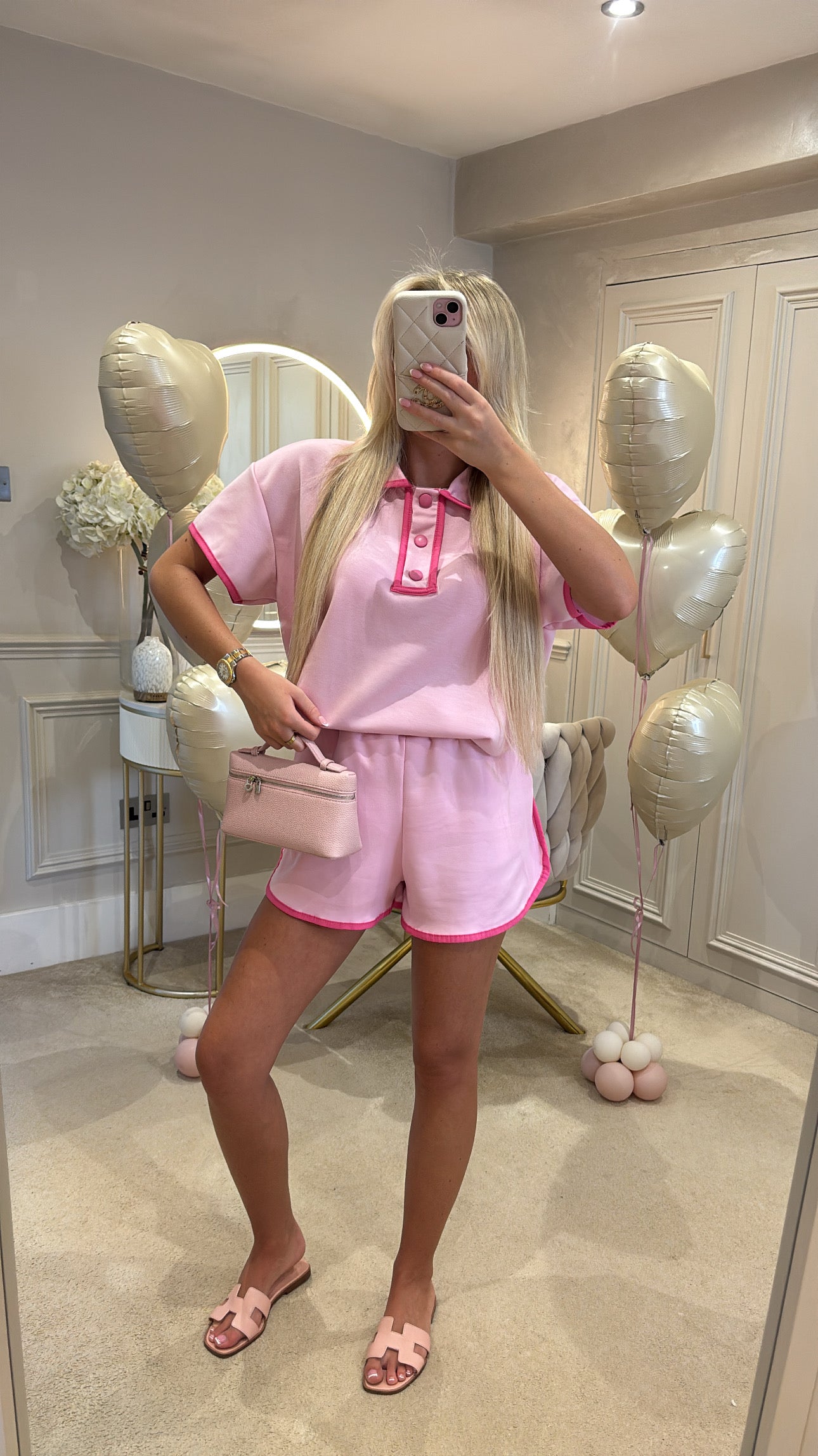 Button pink trim short set
