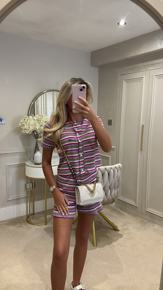 Stripe button up short set