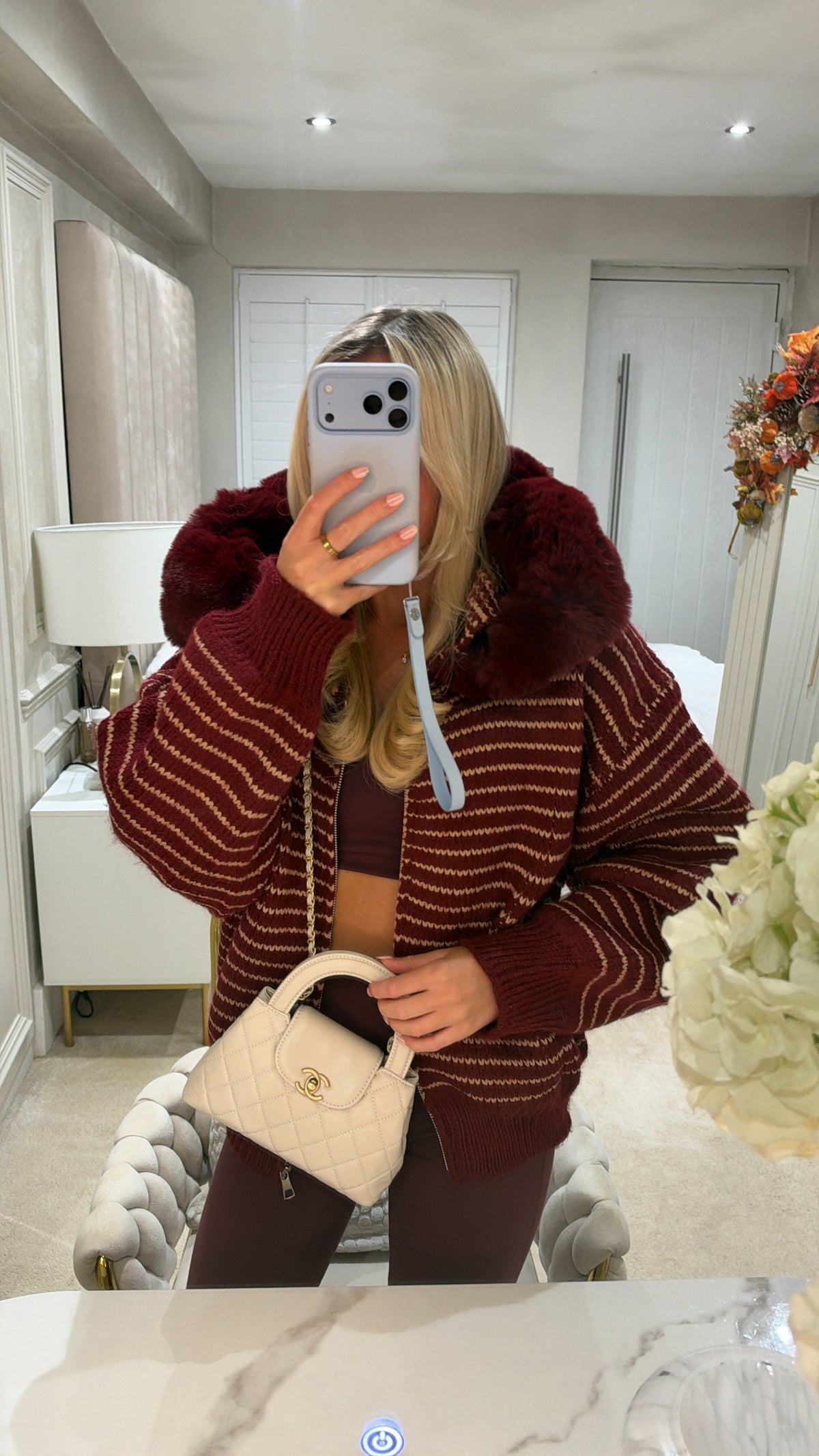 Knit stripe fur cardigan
