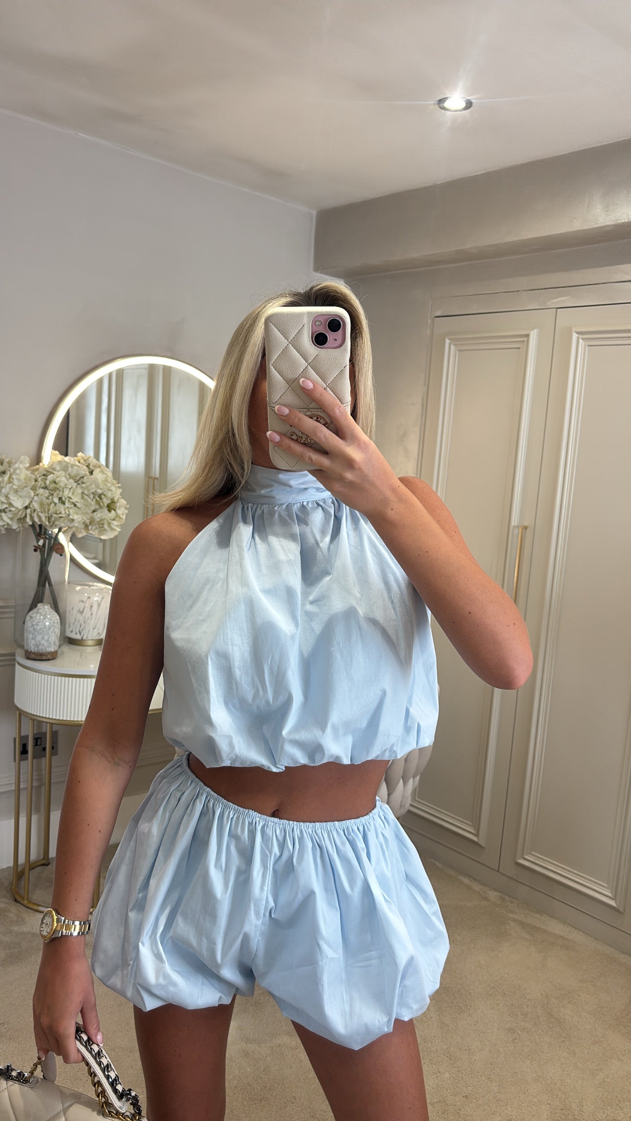 Halter neck puff ball short co-ord