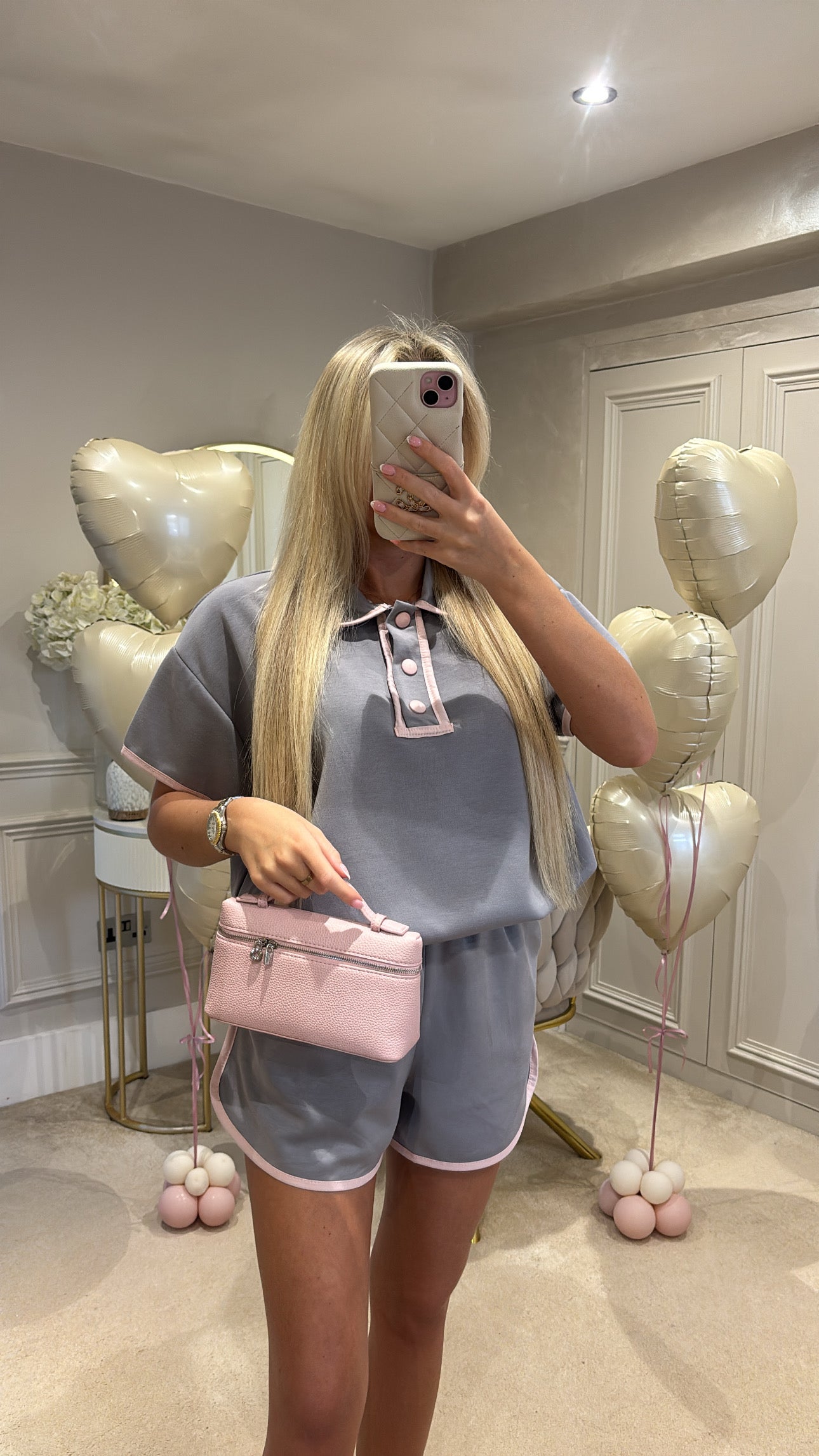 Button pink trim short set