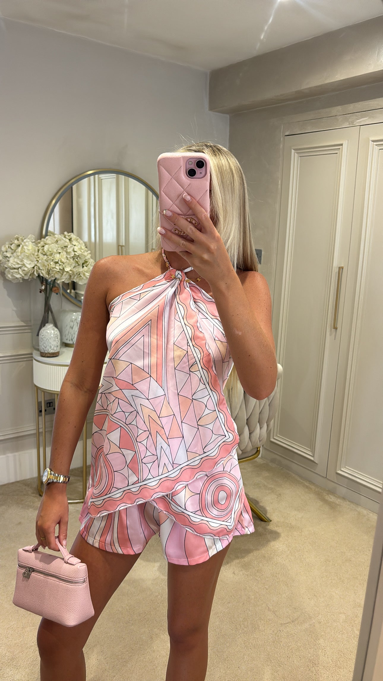 Silk pattern halter neck short set