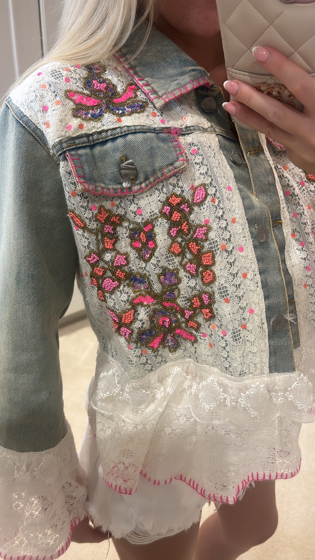 Beaded frill denim jacket ￼