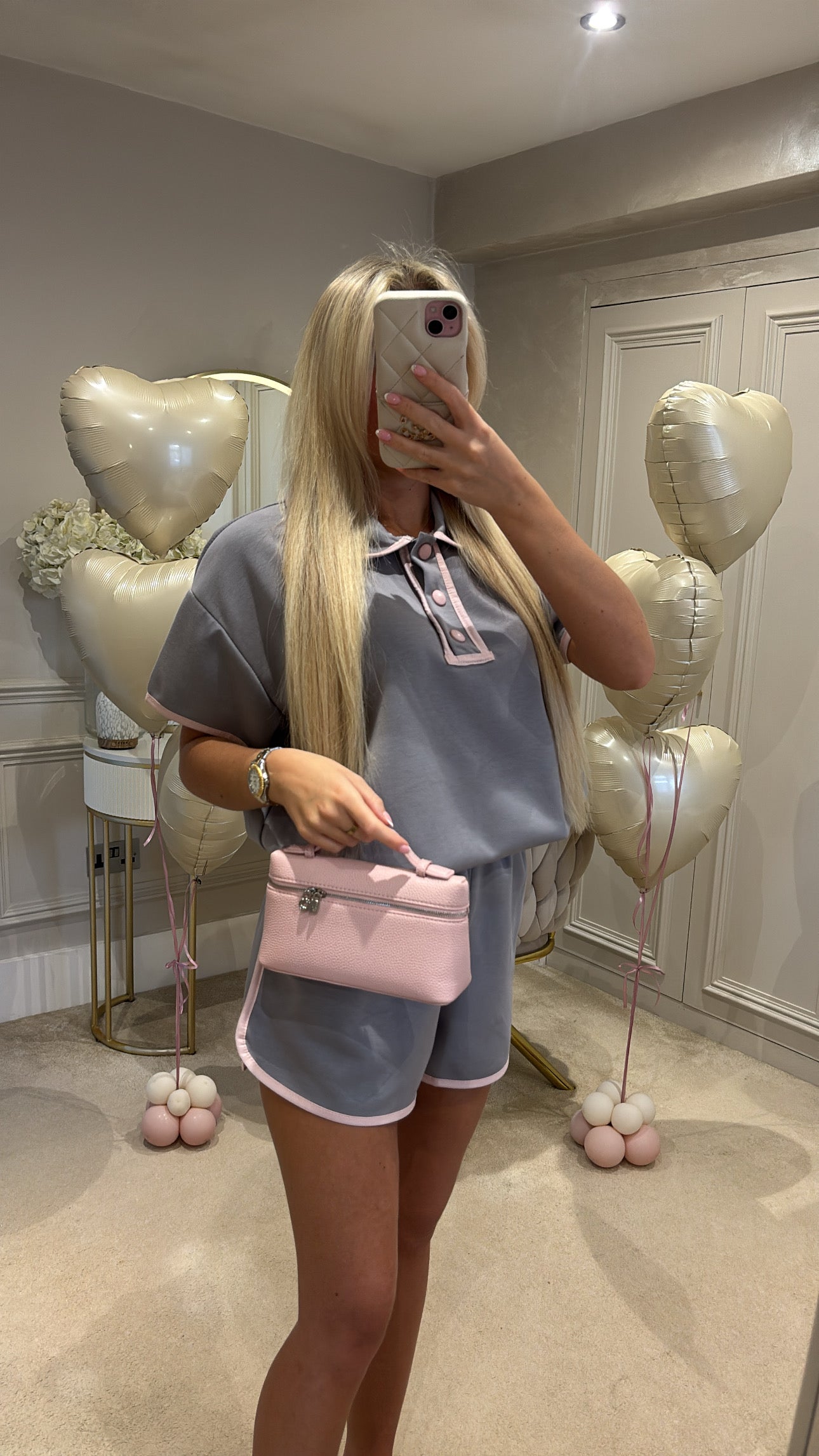 Button pink trim short set