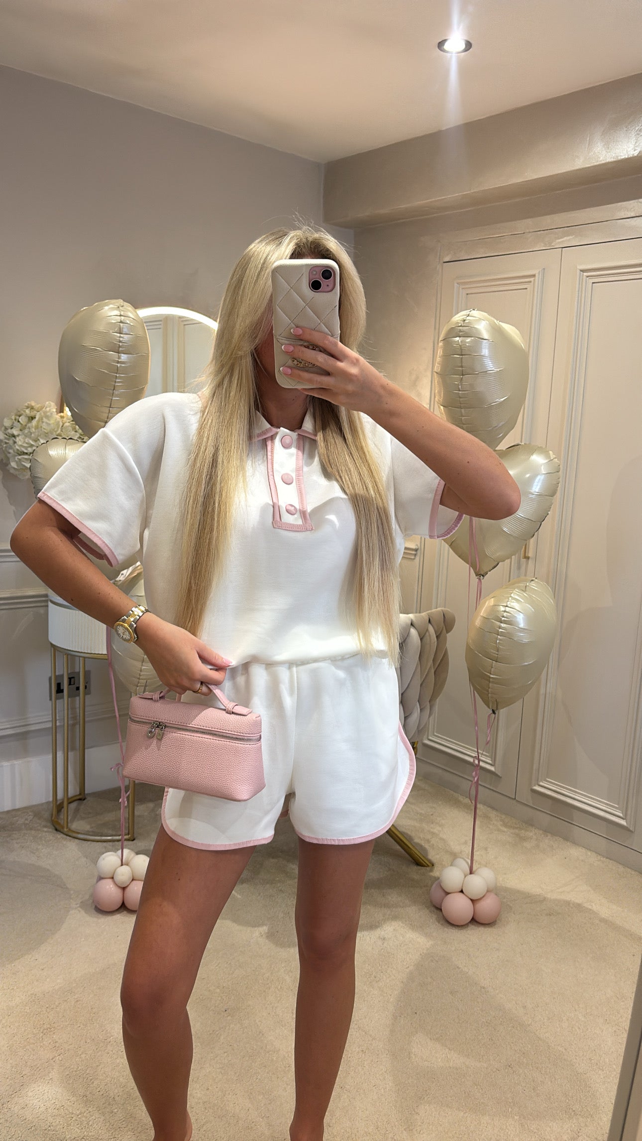 Button pink trim short set