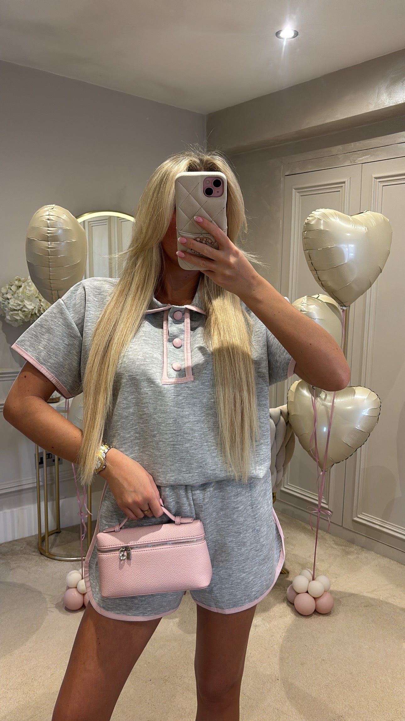 Button pink trim short set