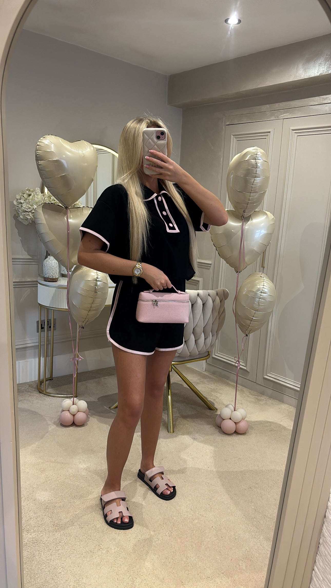 Button pink trim short set