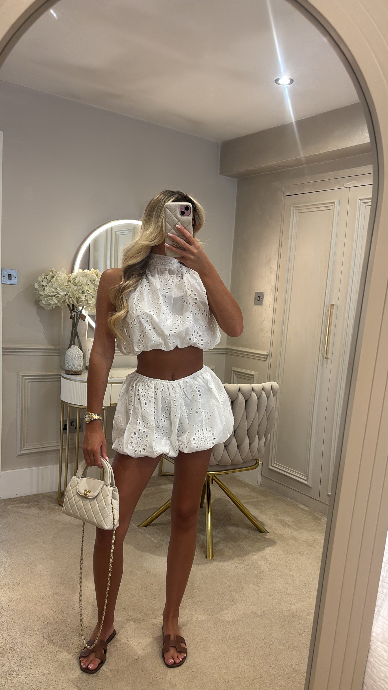 Embroidery halter neck puff ball short set