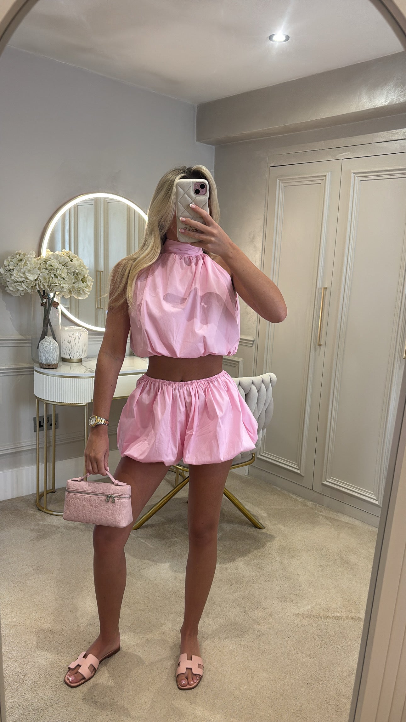 Halter neck puff ball short co-ord