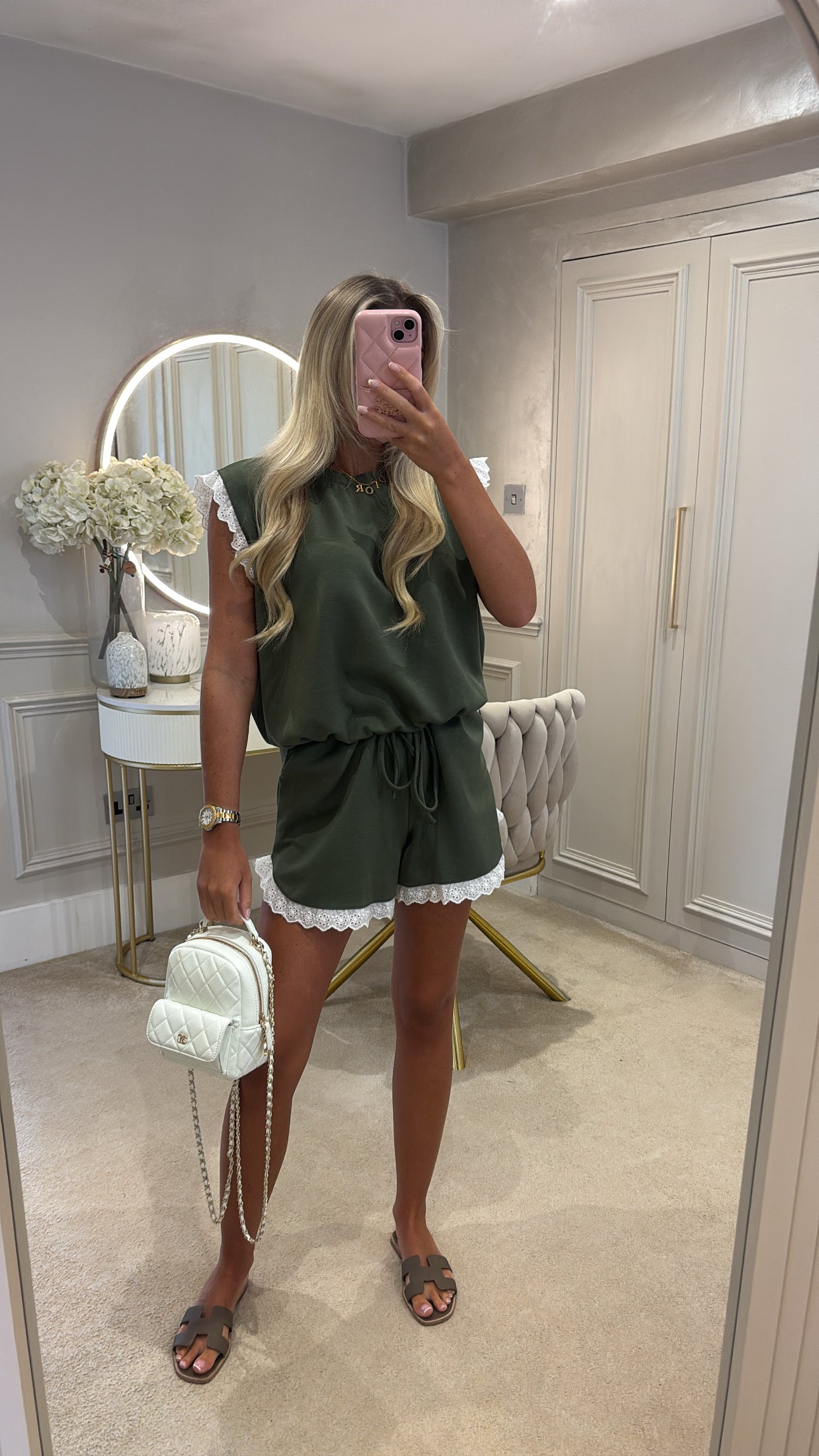 White embroidered trim short set