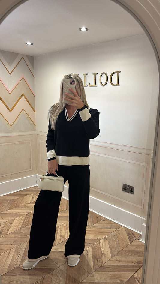 Stripe collar flared lounge set