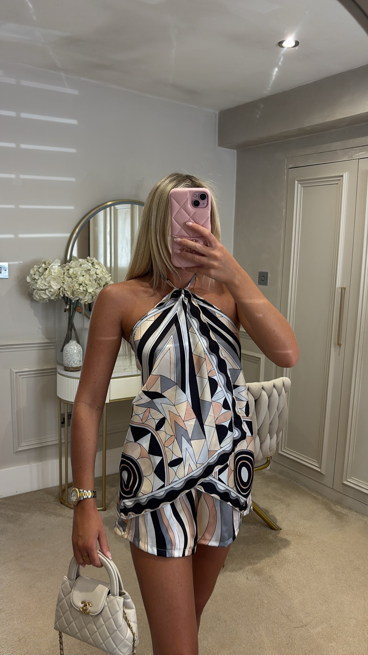 Silk pattern halter neck short set