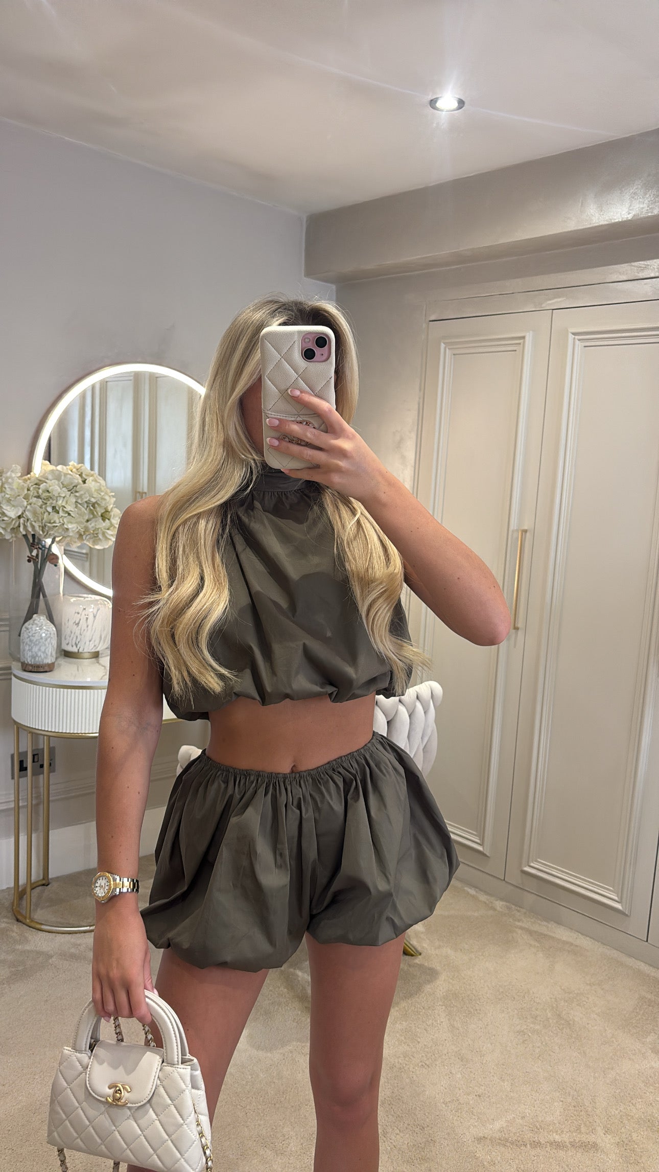 Halter neck puff ball short co-ord