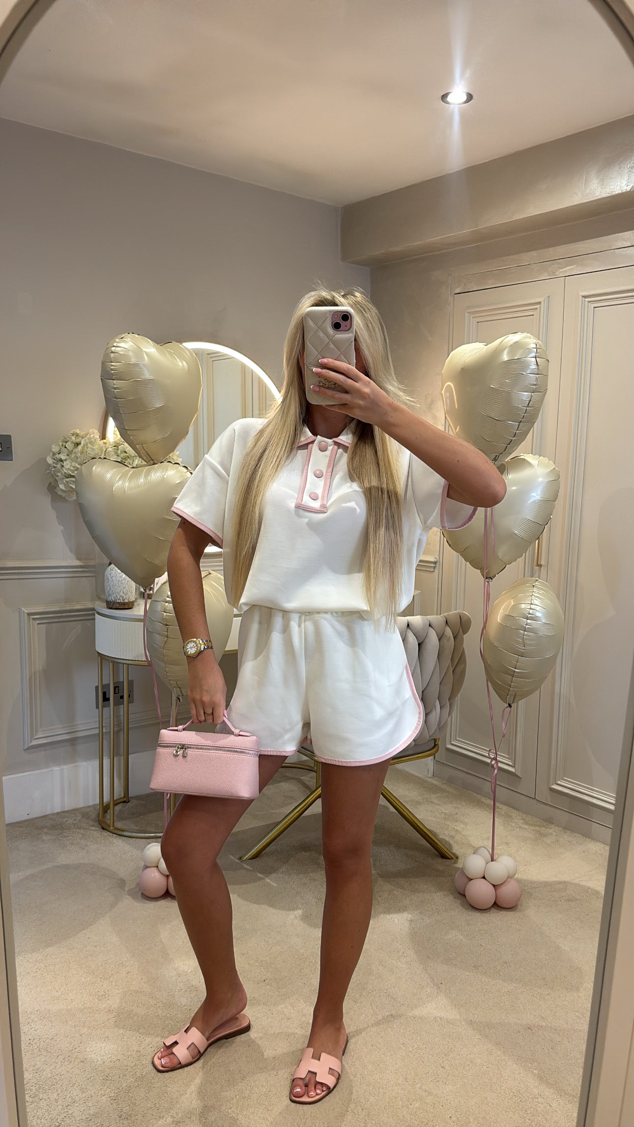 Button pink trim short set