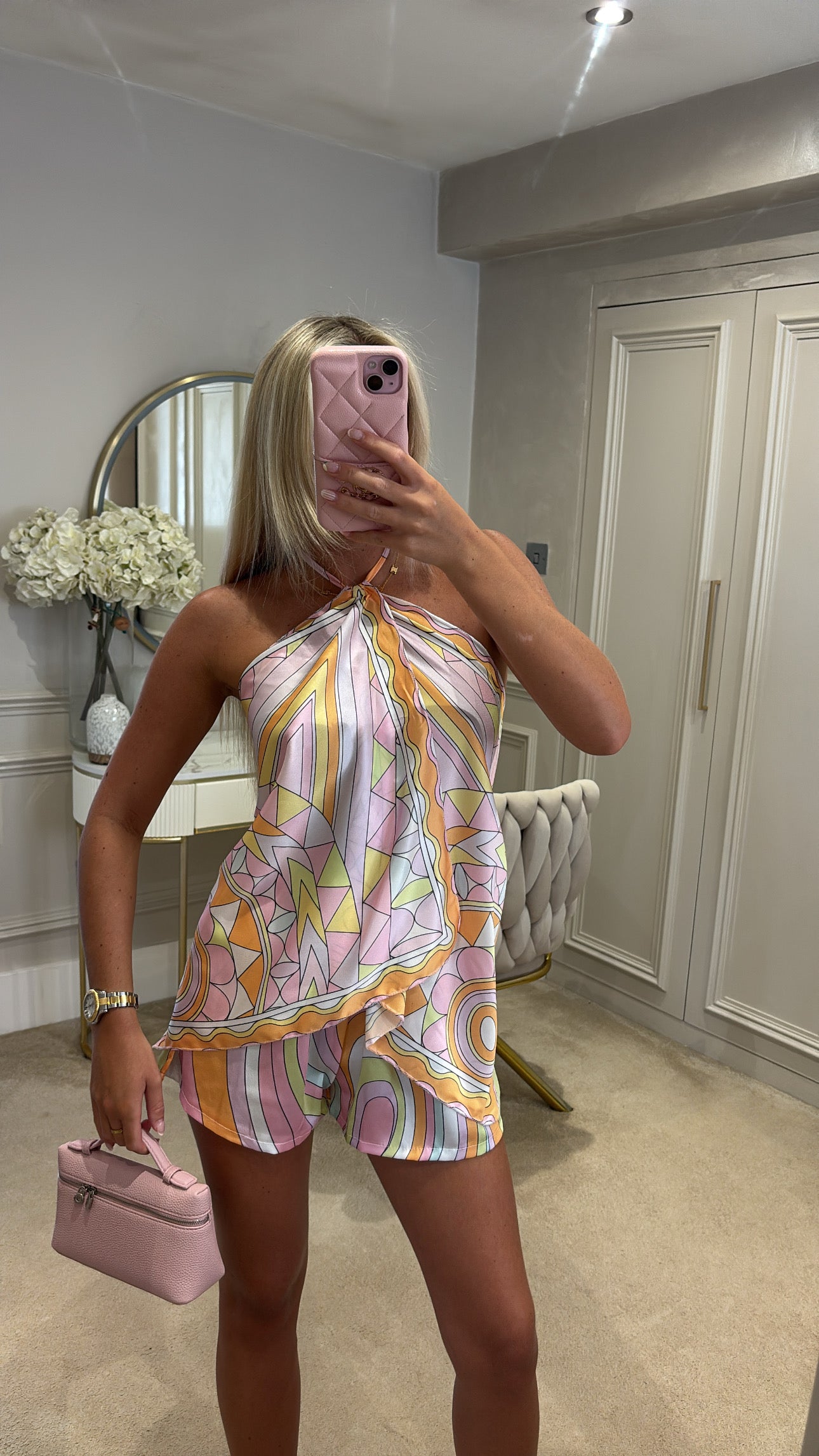 Silk pattern halter neck shirt set