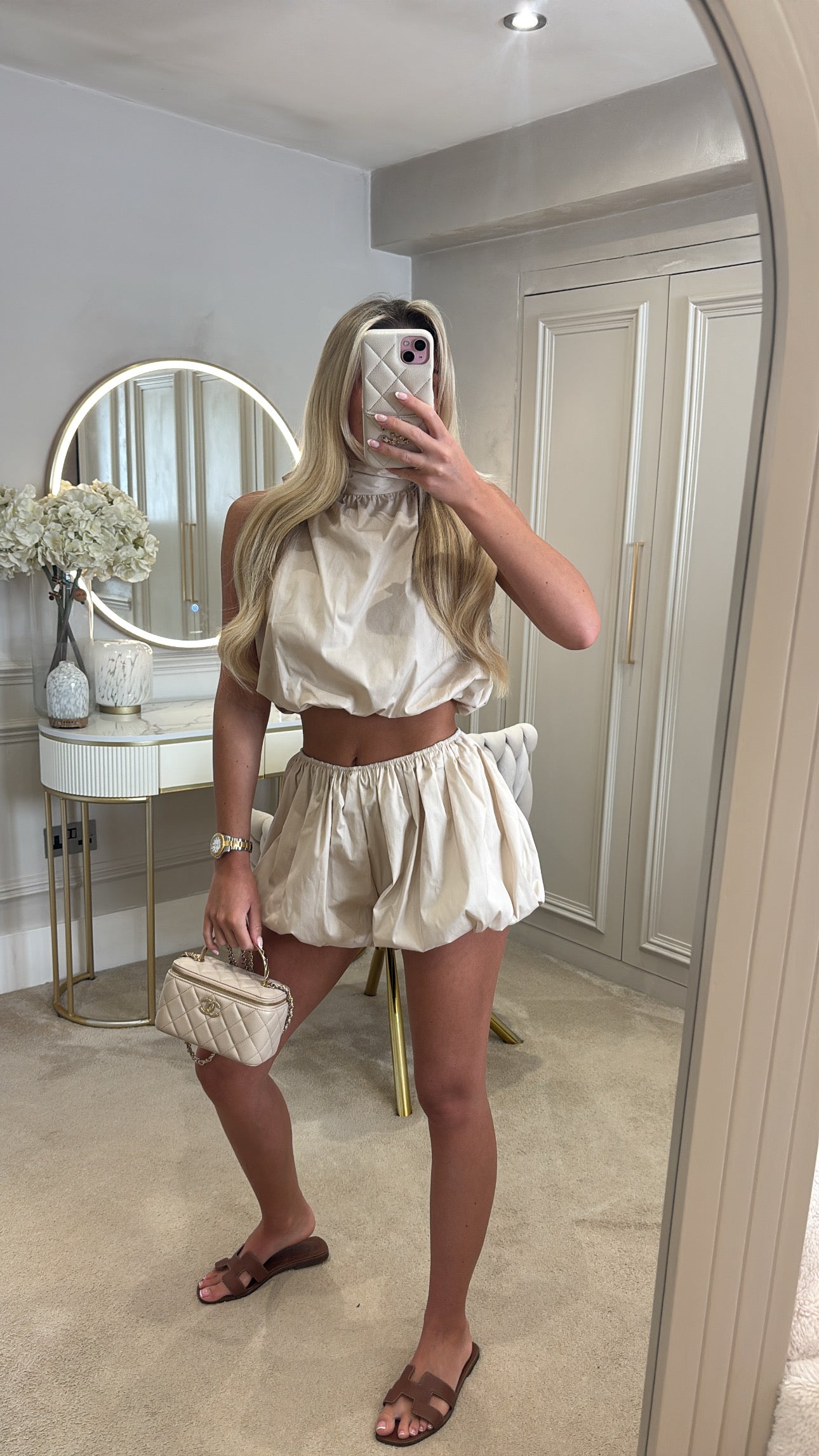 Halter neck puff ball short co-ord