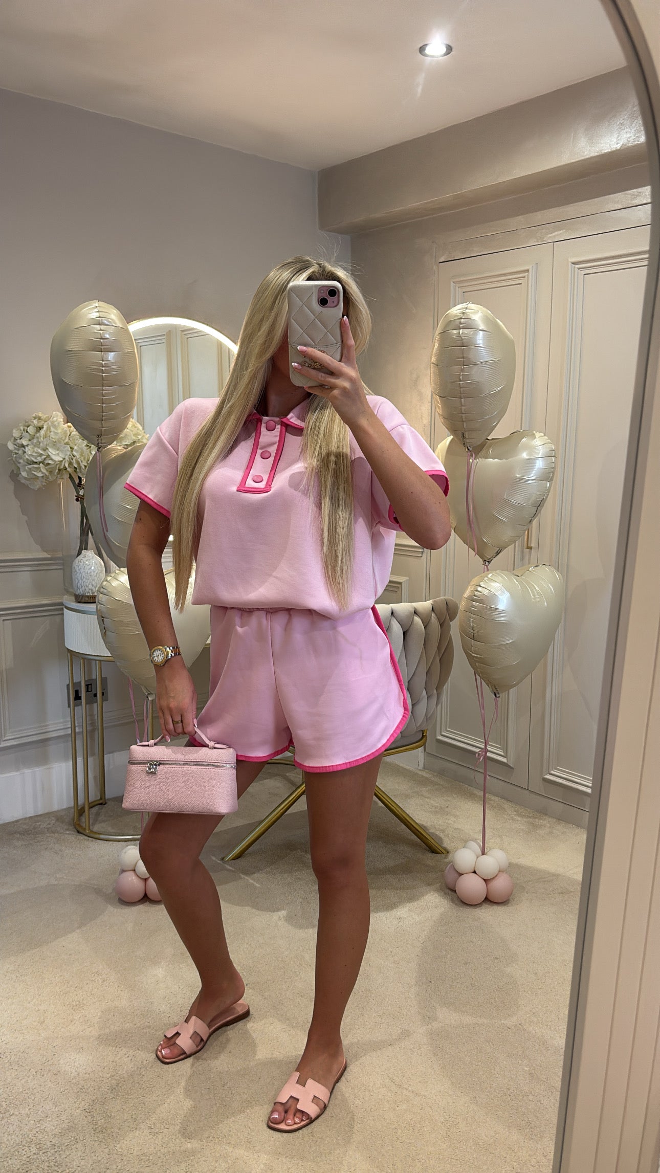 Button pink trim short set