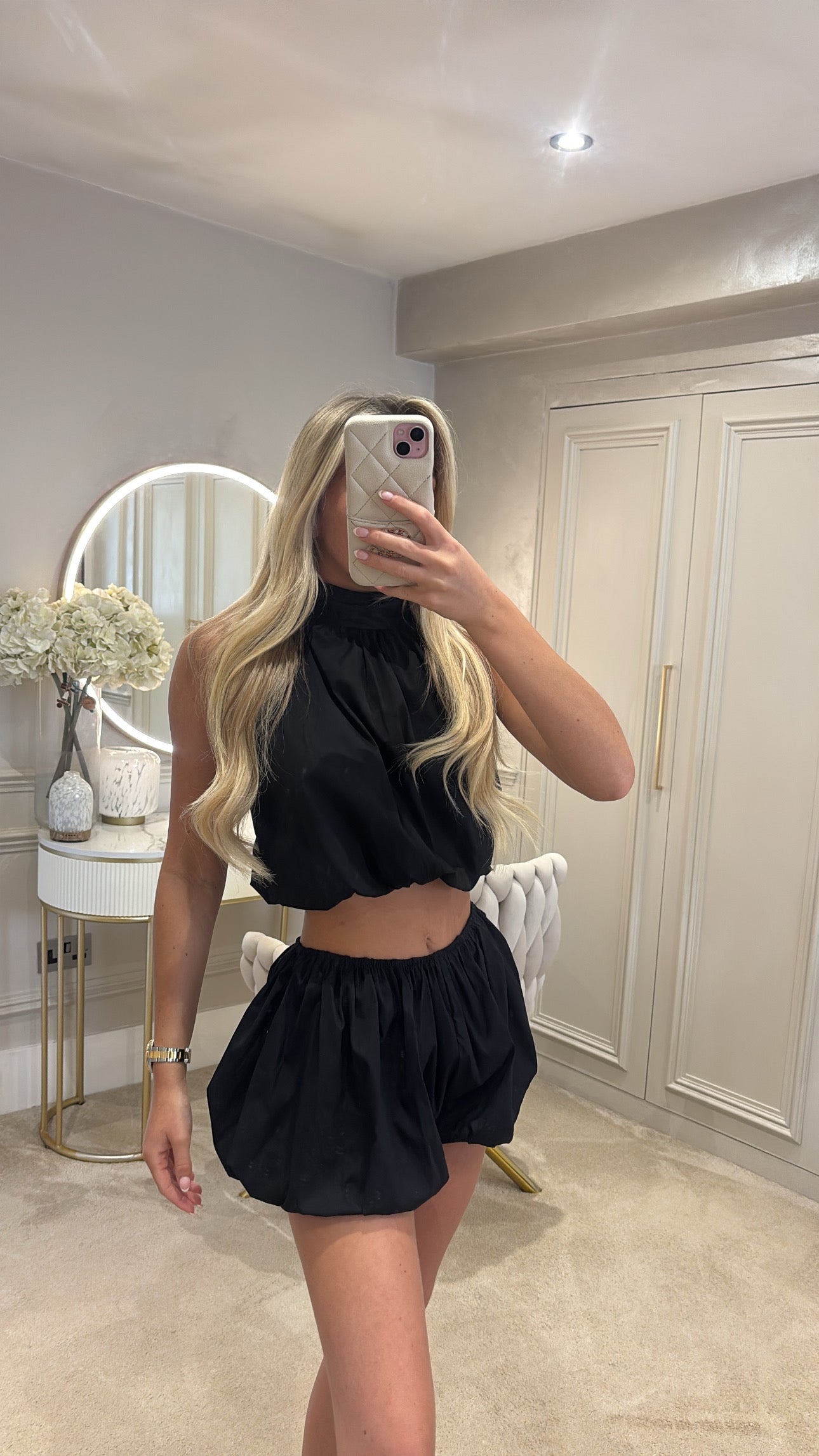 Halter neck puff ball short co-ord
