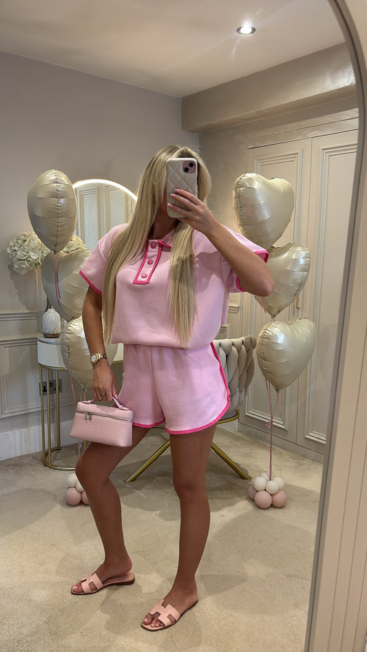 Button pink trim short set