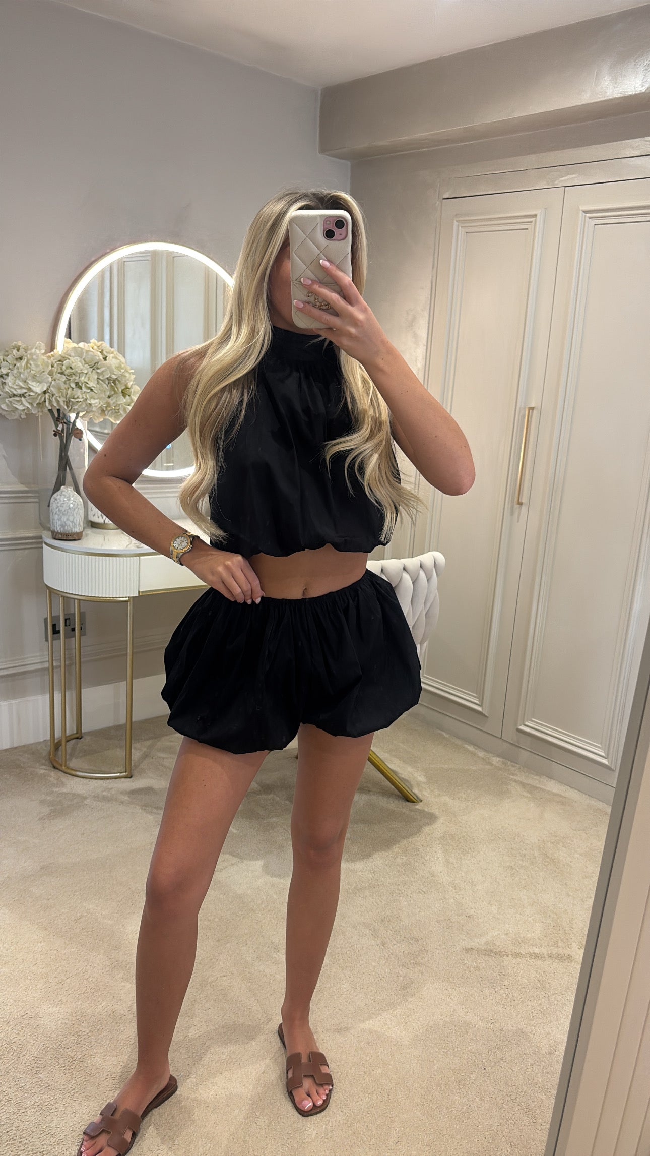 Halter neck puff ball short co-ord
