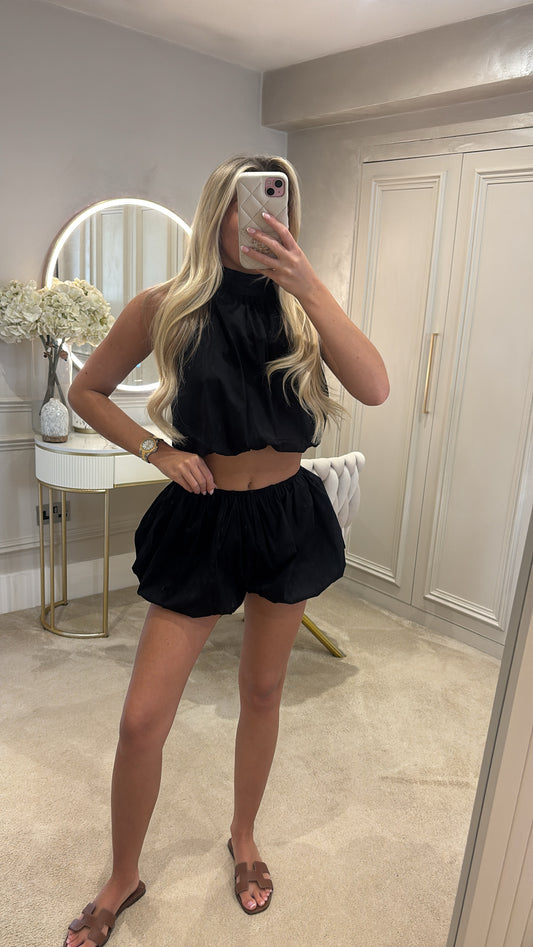 Halter neck puff ball short co-ord