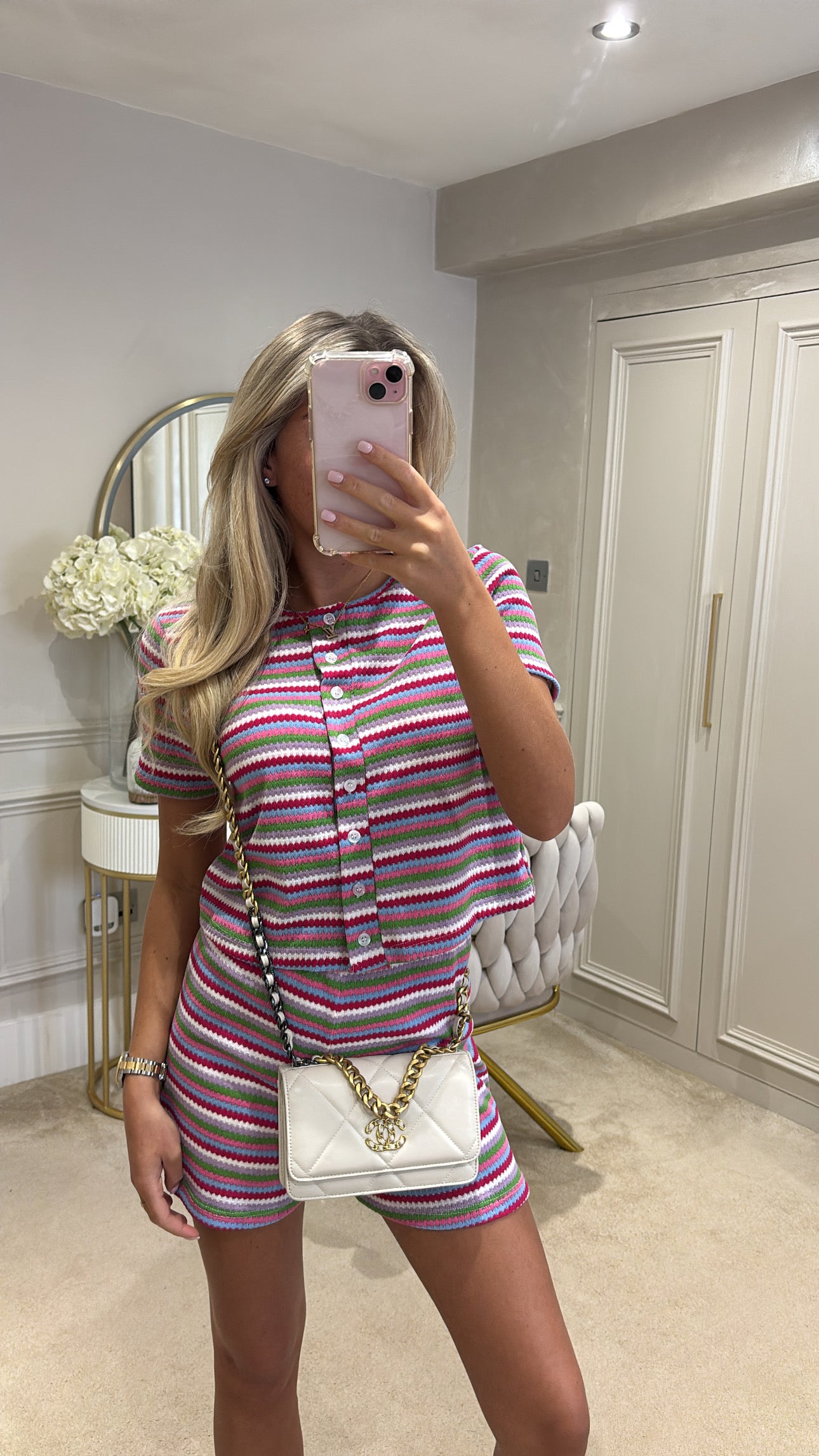 Stripe button up short set