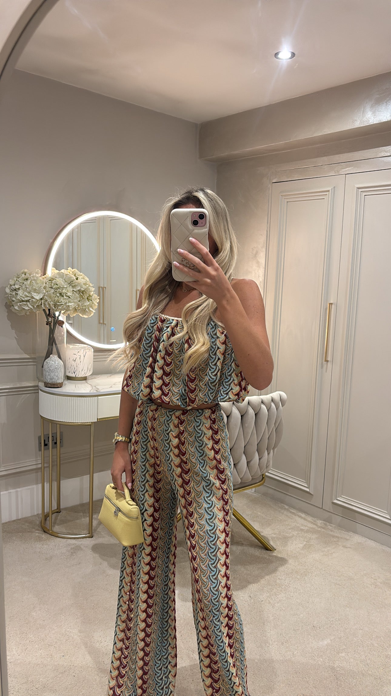 Pattern puff ball top trousers co-ord