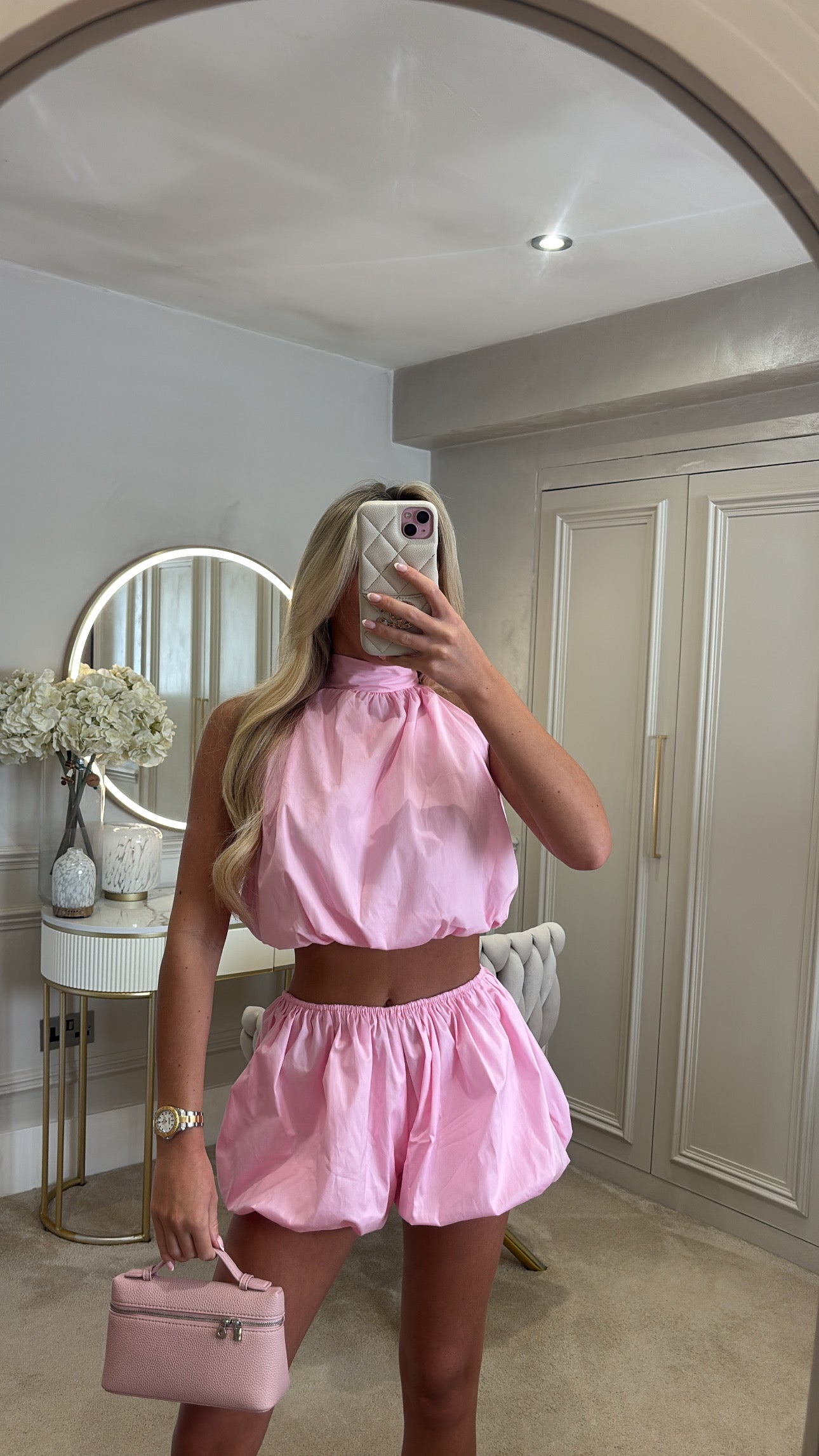 Halter neck puff ball short co-ord