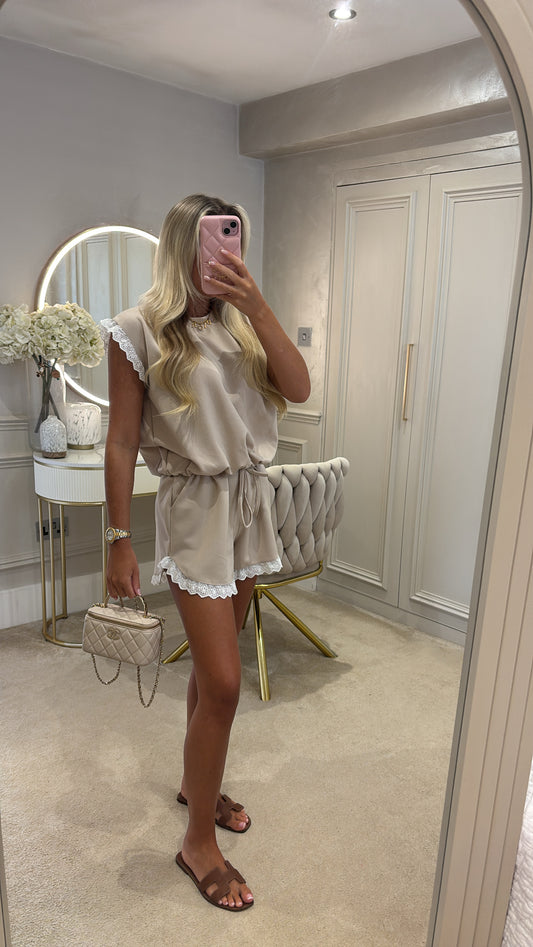 White embroidered trim short set