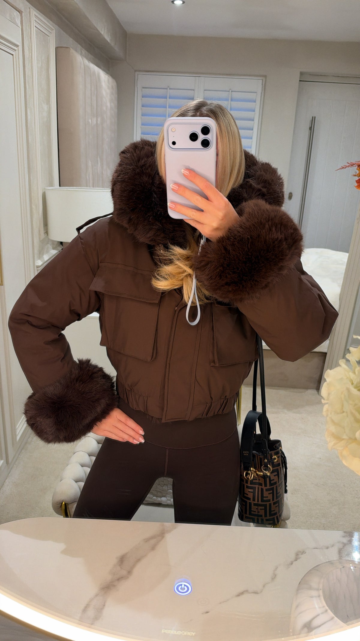 Fur cuff cropped puffer coat