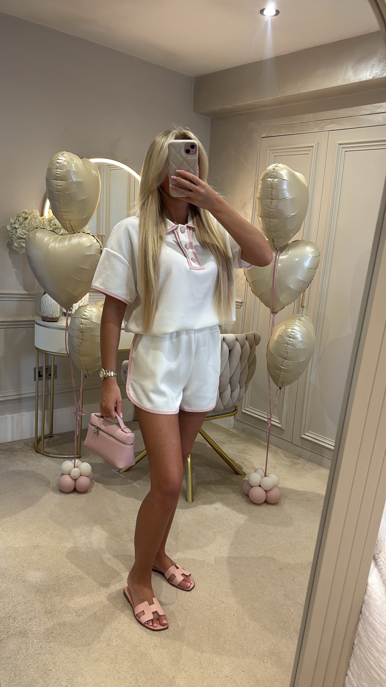 Button pink trim short set