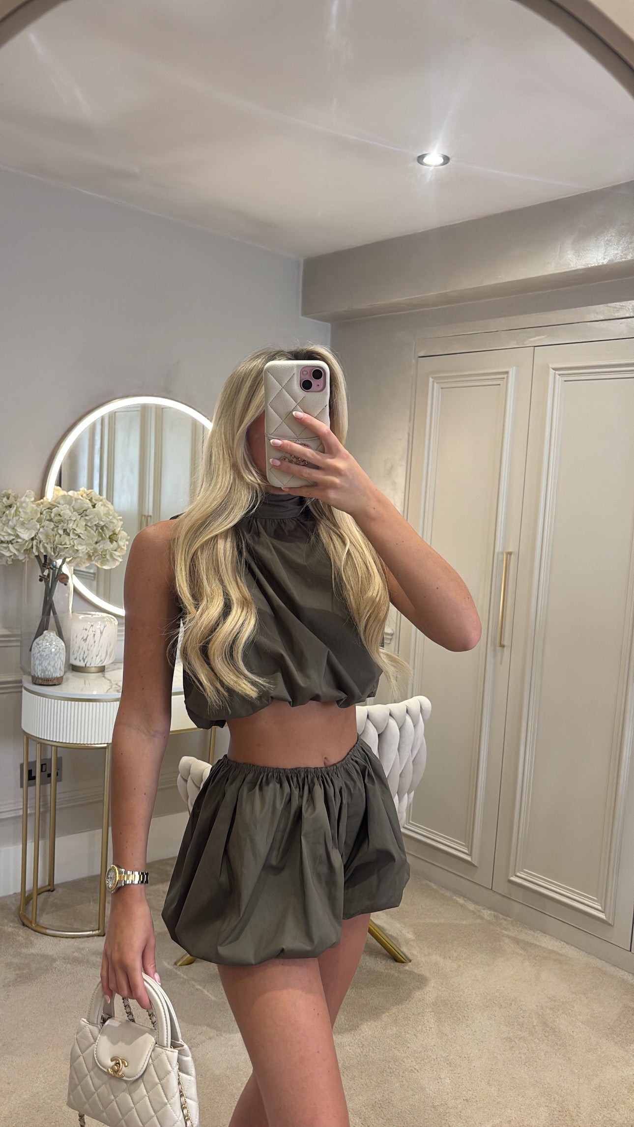 Halter neck puff ball short co-ord