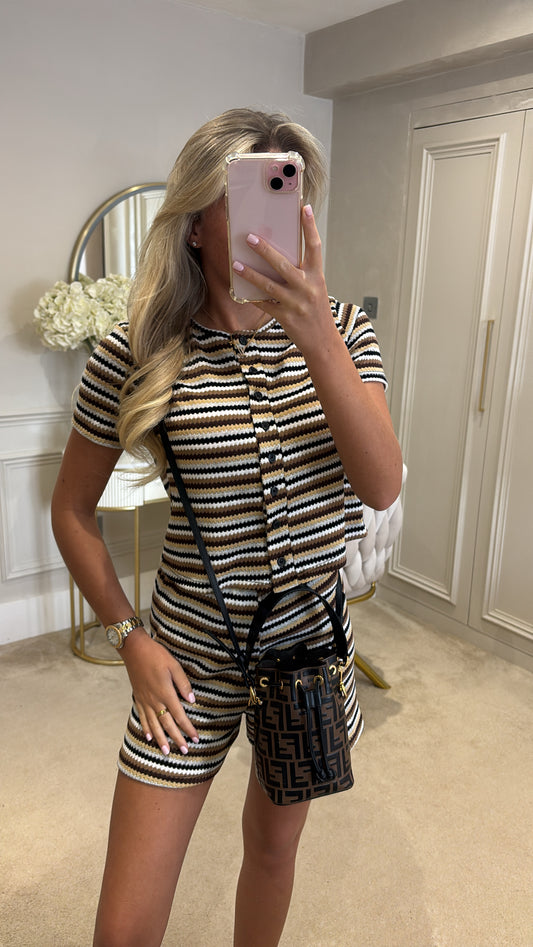 Stripe button up short set